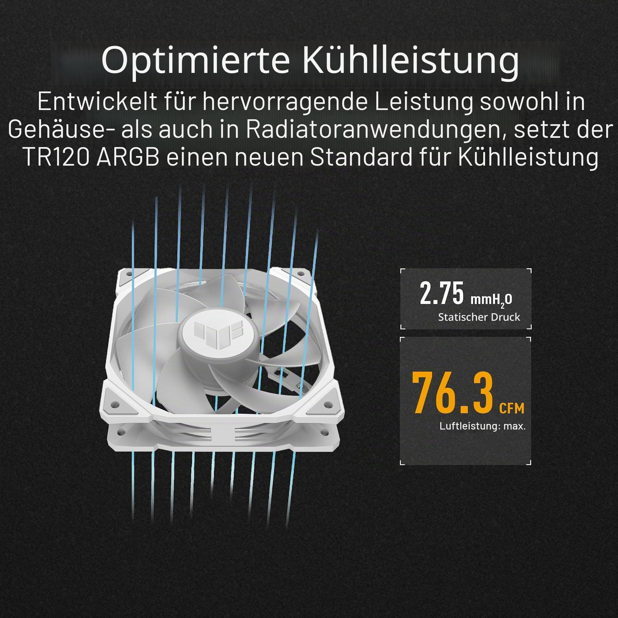 ASUS TUF Gaming TR120 ARGB Reverse Blade White Gehäuselüfter Single Pack (120mm PWM PC Lüfter, 2000 RPM, 2.75 mm H2O, 76,3 CFM Luftstrom, 16 einzeln adressierbare RGB-LEDs, weiß) Bild 5