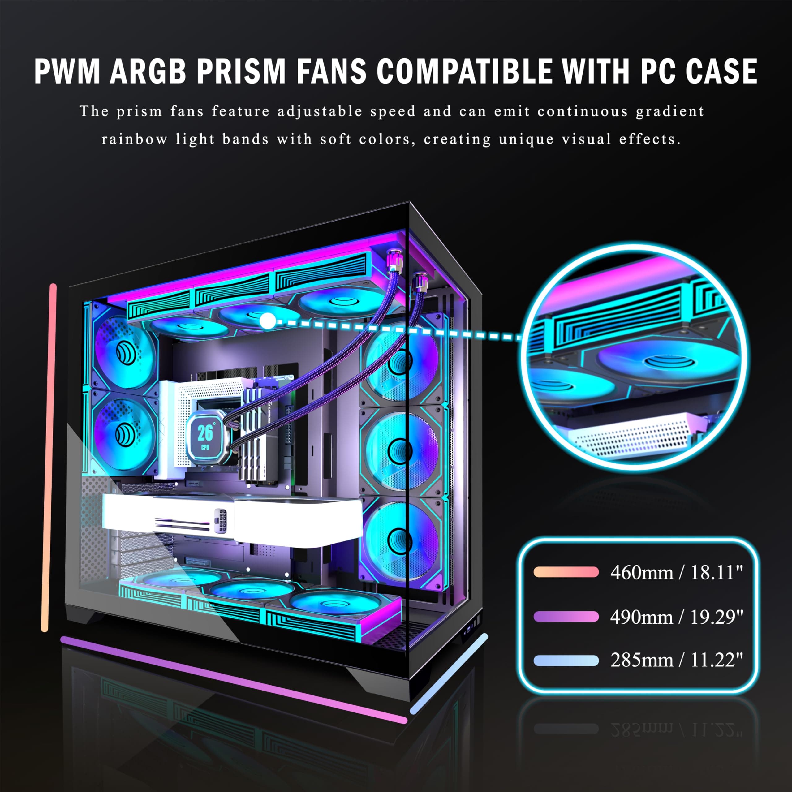 ANSAITE ATX PC-Gehäuse 9×120 mm ARGB PWM-Lüfter vorinstalliert ，Mid-Tower Gaming PC-Gehäuse, Panorama-Gehärtetes Glas Schwarz Computer-Gehäuse mit Typ-C, 360mm Radiator Unterstützung，H-D9 (Schwarz) Bild 7