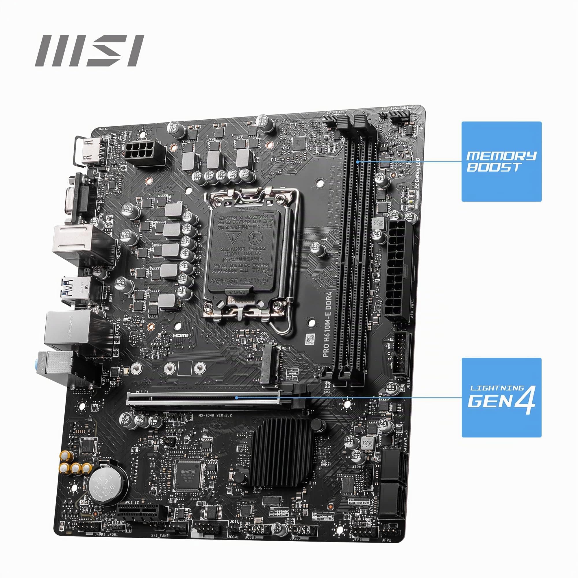 MSI PRO H610M-E DDR4 Motherboard, Micro-ATX - Unterstützt Intel 12th Gen Core Prozessoren, LGA 1700-2X DIMM (3200MHz), 1x PCIe 4.0 x16 Slot, 1 x M.2 Gen3, USB 3.2 Gen1, 1G LAN, HDMI 1.4 & VGA Bild 6
