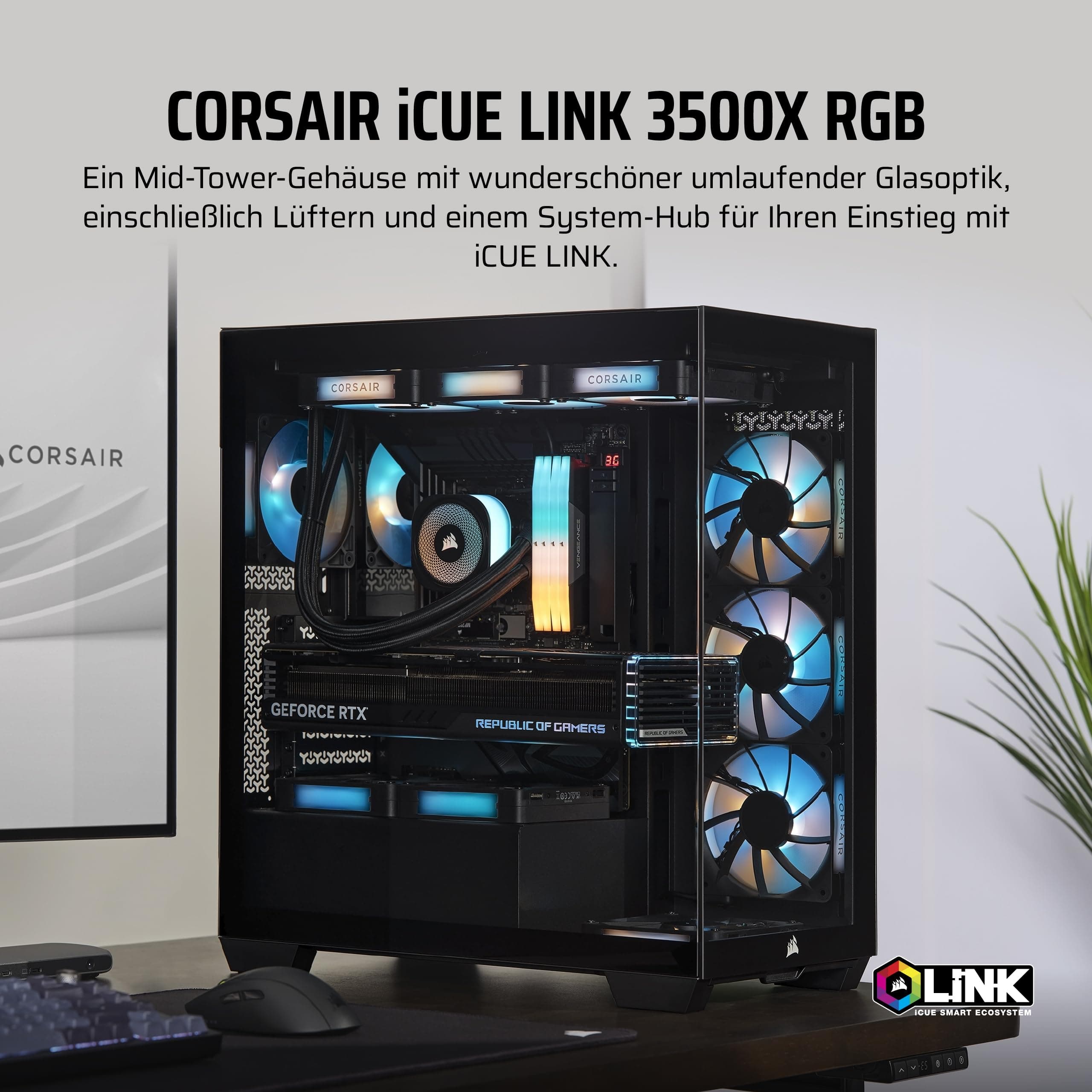 CORSAIR iCUE LINK 3500X RGB Mid-Tower ATX PC-Gehäuse - Gehärtetes Panorama-Glas - Umgekehrte Verbindung Motherboard-Kompatibel -3x CORSAIR iCUE LINK RX120 RGB-Lüfter Im Lieferumfang Enthalten -Schwarz iCUE LINK RGB Schwarz Bild 3