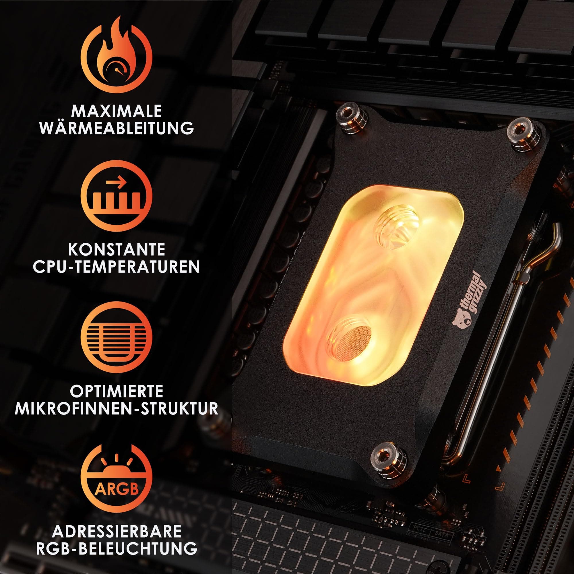 Thermal Grizzly Mycro Pro RGB Schwarz - High Performance Wasserkühlungsblock G1/4 für AMD AM5/AM4 - Coldplate aus Vernickeltem Kupfer, 0,2-mm-Mikrofinnen und Filter für Custom Wasserkühlung Schwarz AMD AM4/AM5 Bild 7