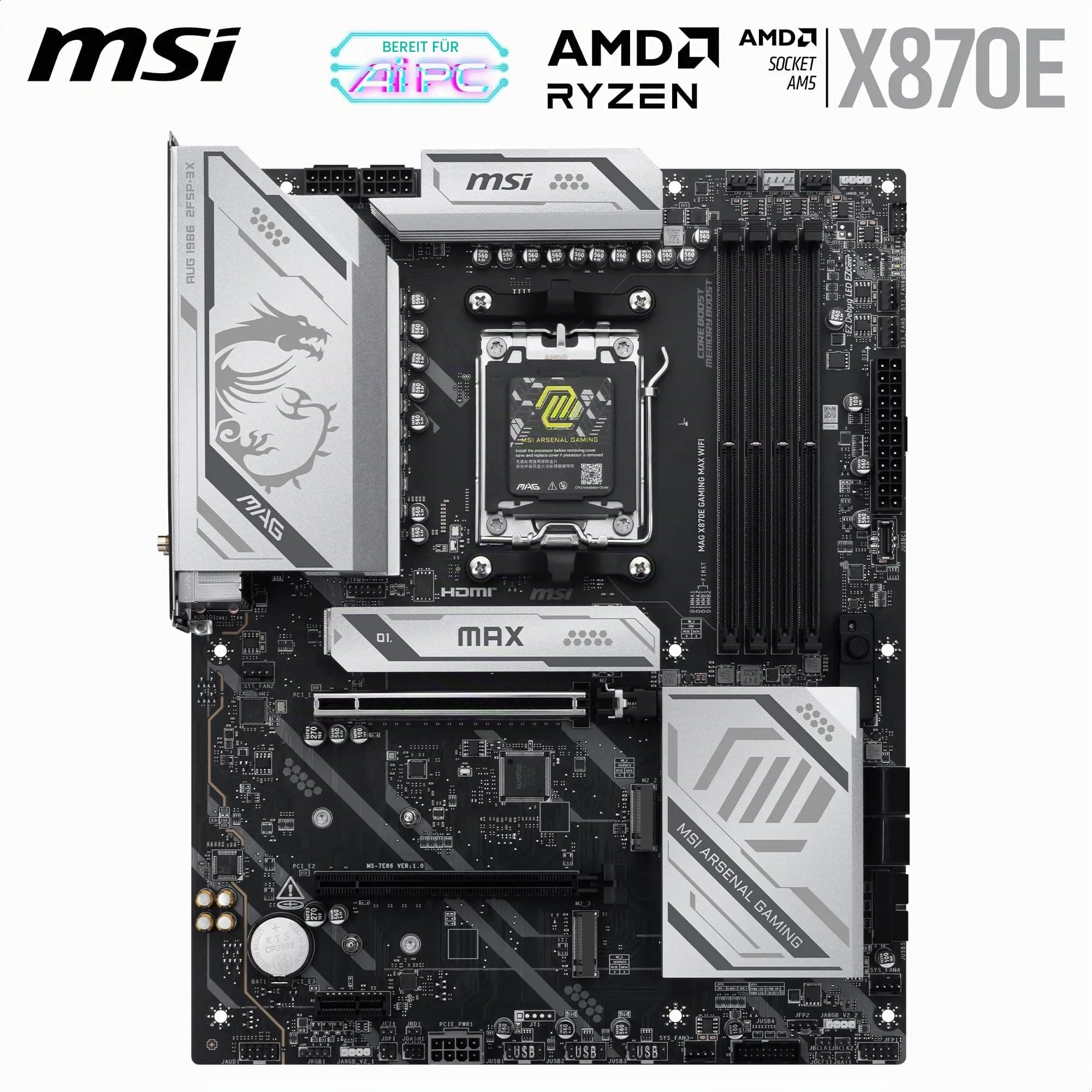 MSI MAG X870E Gaming MAX WiFi Mainboard, ATX - Unterstützt AMD Ryzen 9000/8000 / 7000 Prozessoren, AM5 - DDR5 Memory Boost (bis zu 8200+ MT/s OC), PCIe 5.0 x16, M.2 Gen5, Wi-Fi 7, 5G LAN Bild 3