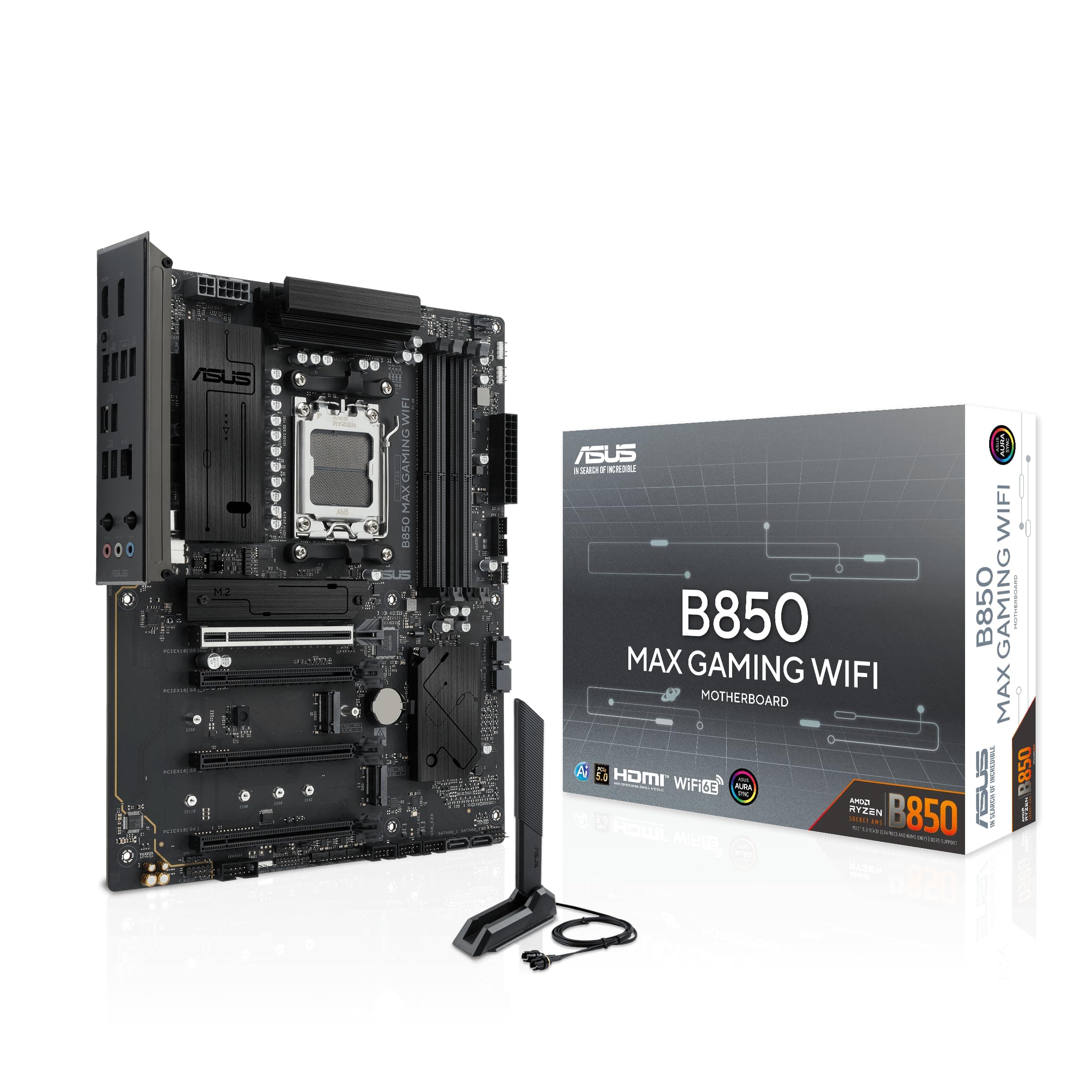 ASUS B850 MAX Gaming WiFi AMD B850 ATX-Mainboard (DDR5, PCIe 5.0-fähig, 3X M.2-Steckplätze, Wi-Fi 6E, Realtek 2,5Gb-Ethernet, DisplayPort, HDMI, USB 10Gbit/s Typ-A & Typ-C, BIOS Flashback, Aura Sync) Bild 2