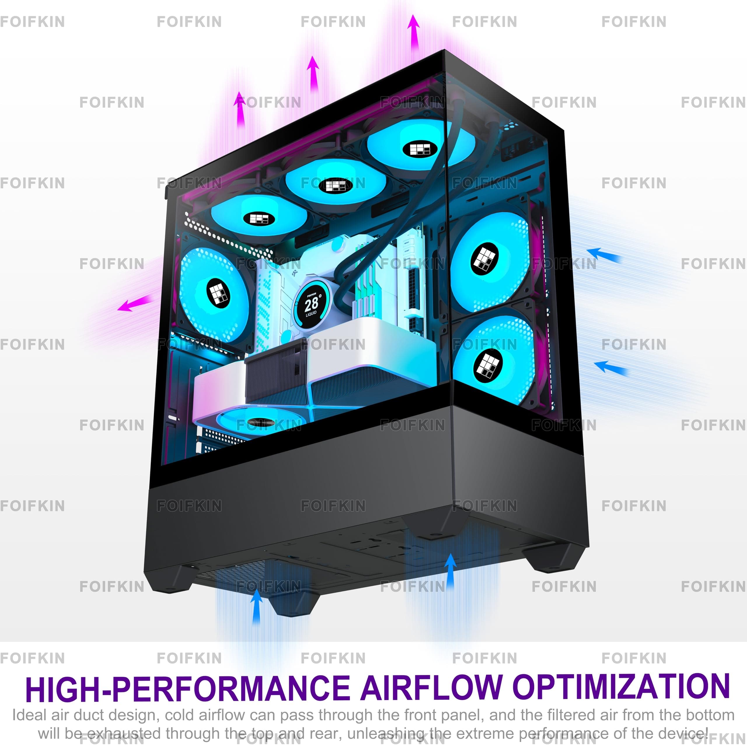 FOIFKIN F1 PC Gehäuse ATX- Pre-Install 6 PWM ARGB Lüfter, Mid-Tower Computer Gehäuse, Gaming PC- Gehäuse,270° Panorama Tempered Glass,mit Type-C, ATX Gehäuse (Schwarz, F1) Schwarz F01 Bild 5