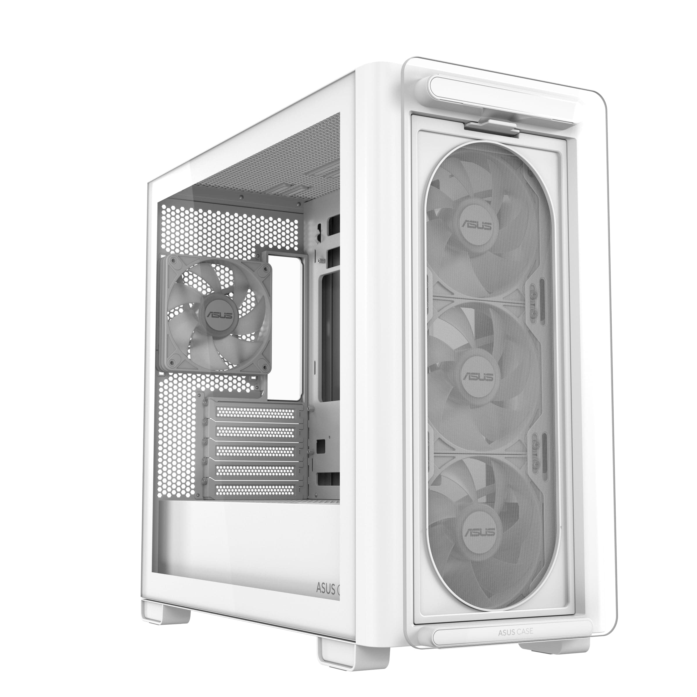 ASUS A23 Plus TG ARGB White microATX PC Gehäuse (vorinstallierte ARGB-Lüfter, Mesh Frontpanel, kompatibel mit Mainboards mit versteckten Anschlüssen, 360-mm-Radiatoren, 380-mm-Grafikkarten, weiß) Bild 2