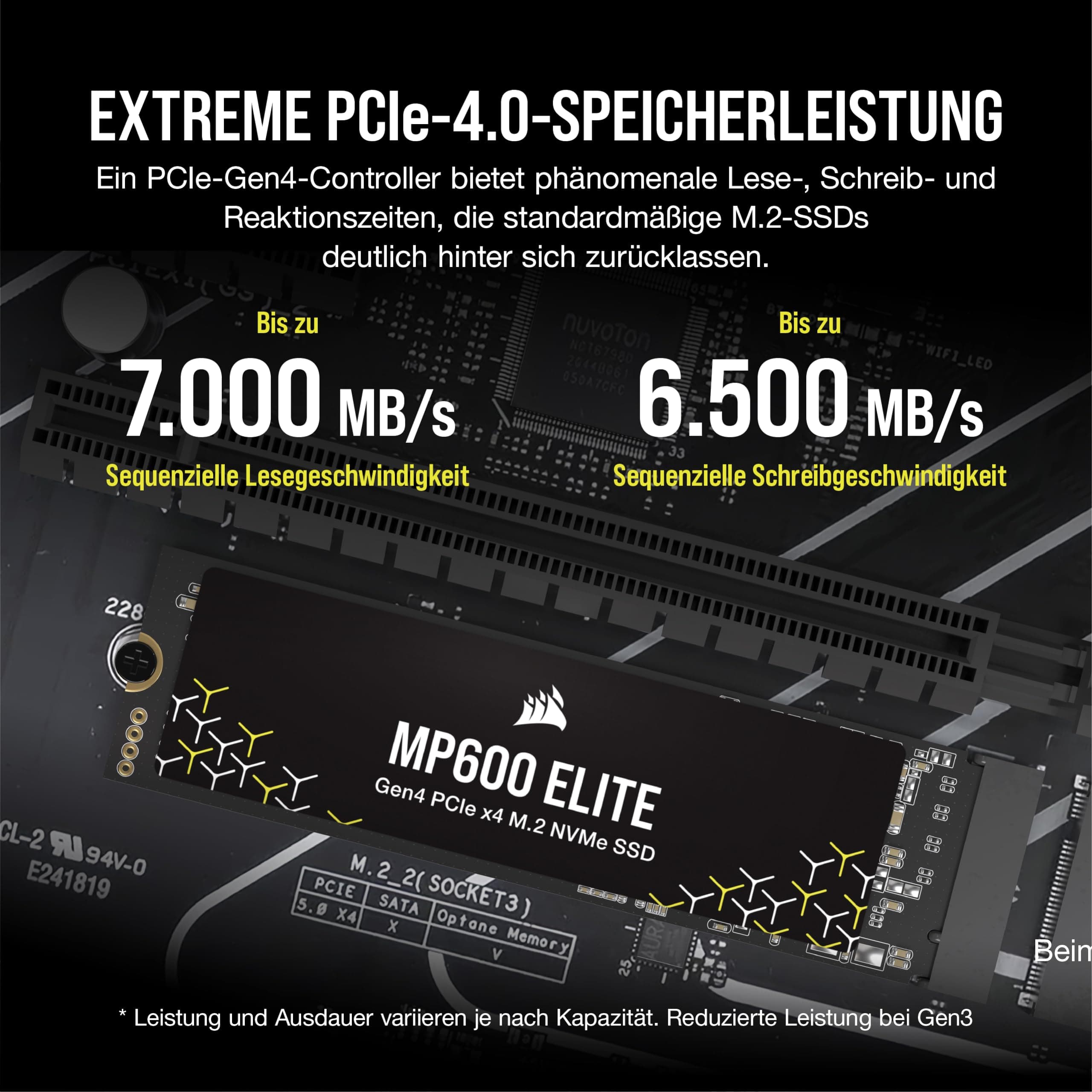 CORSAIR MP600 ELITE 4TB M.2 PCIe Gen4 x4 NVMe SSD – M.2 2280 – Bis zu 7.000MB/Sek. Sequentielles Lesen – High–Density 3D TLC NAND – Für Desktops und Laptops – Schwarz Ohne Heatspreader 4TB Bild 3