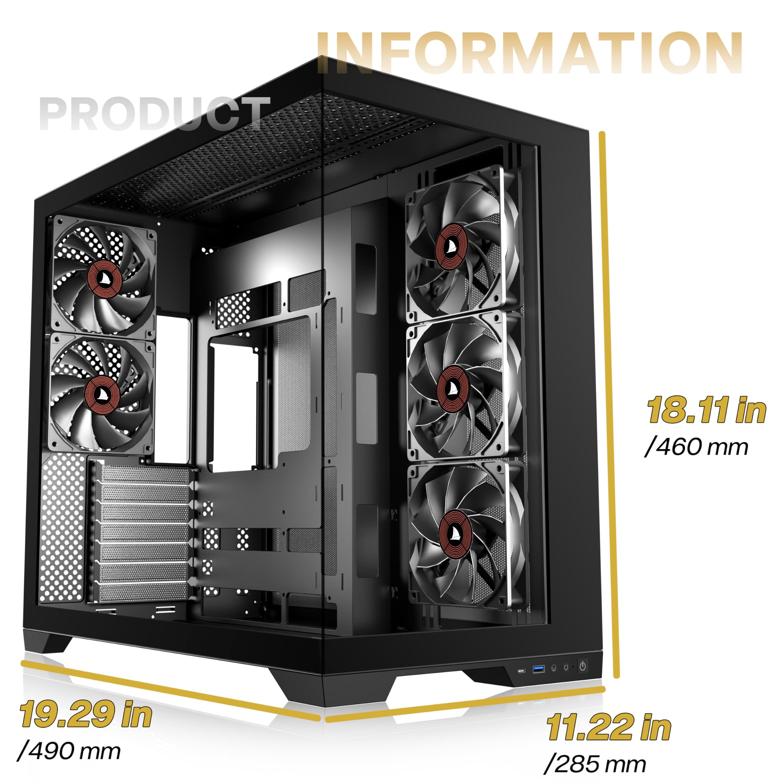 KEDIERS PC-Gehäuse ATX 5 Lüfter vorinstalliert, Typ-C-Mid-Tower-Computergehäuse mit Full-View-Dual-Hartglas, Gaming-PC-Gehäuse, Schwarz Bild 3