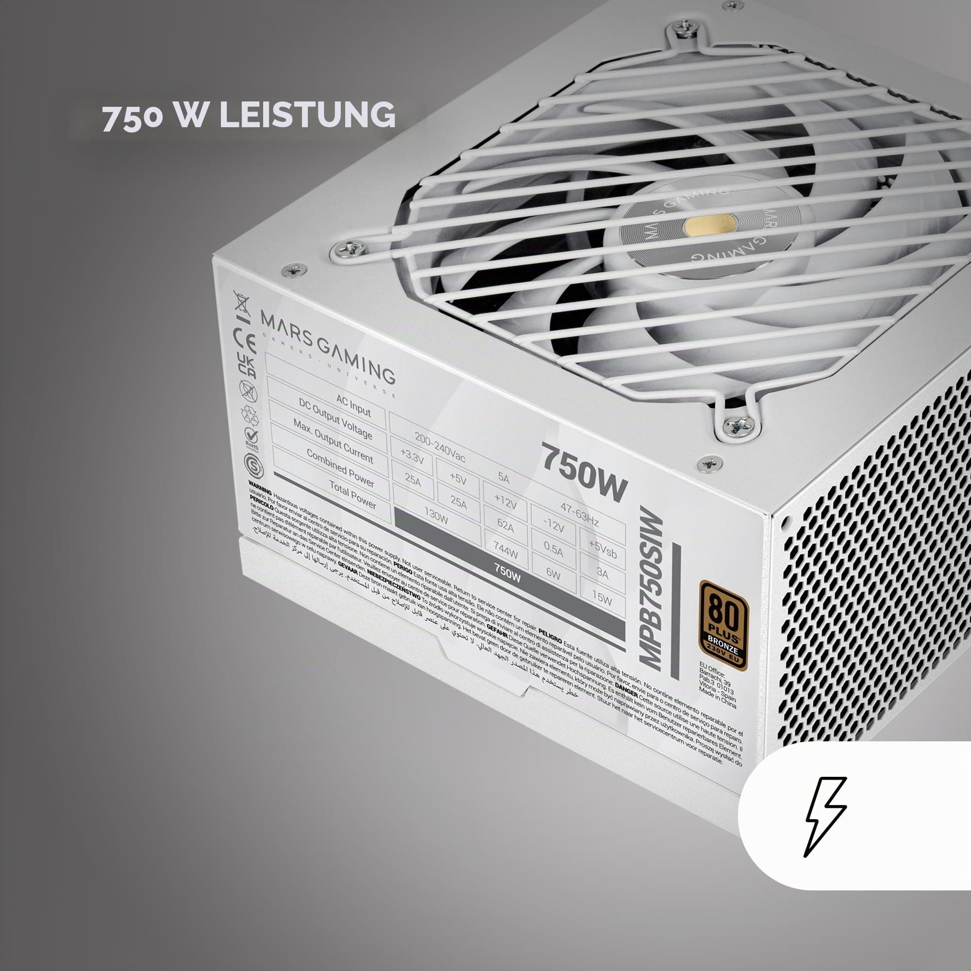 MARSGAMING MPB750SI, PC-ATX-Netzteil 750W, 7 Jahre Garantie, 80Plus Bronze 230V, 90% Effizienz, SI Extreme Silence Lüfter mit Kupferkern, AI2-RPM-, DC-DC- und SMD-Technologien, Weiß MPB750SIW Bild 7