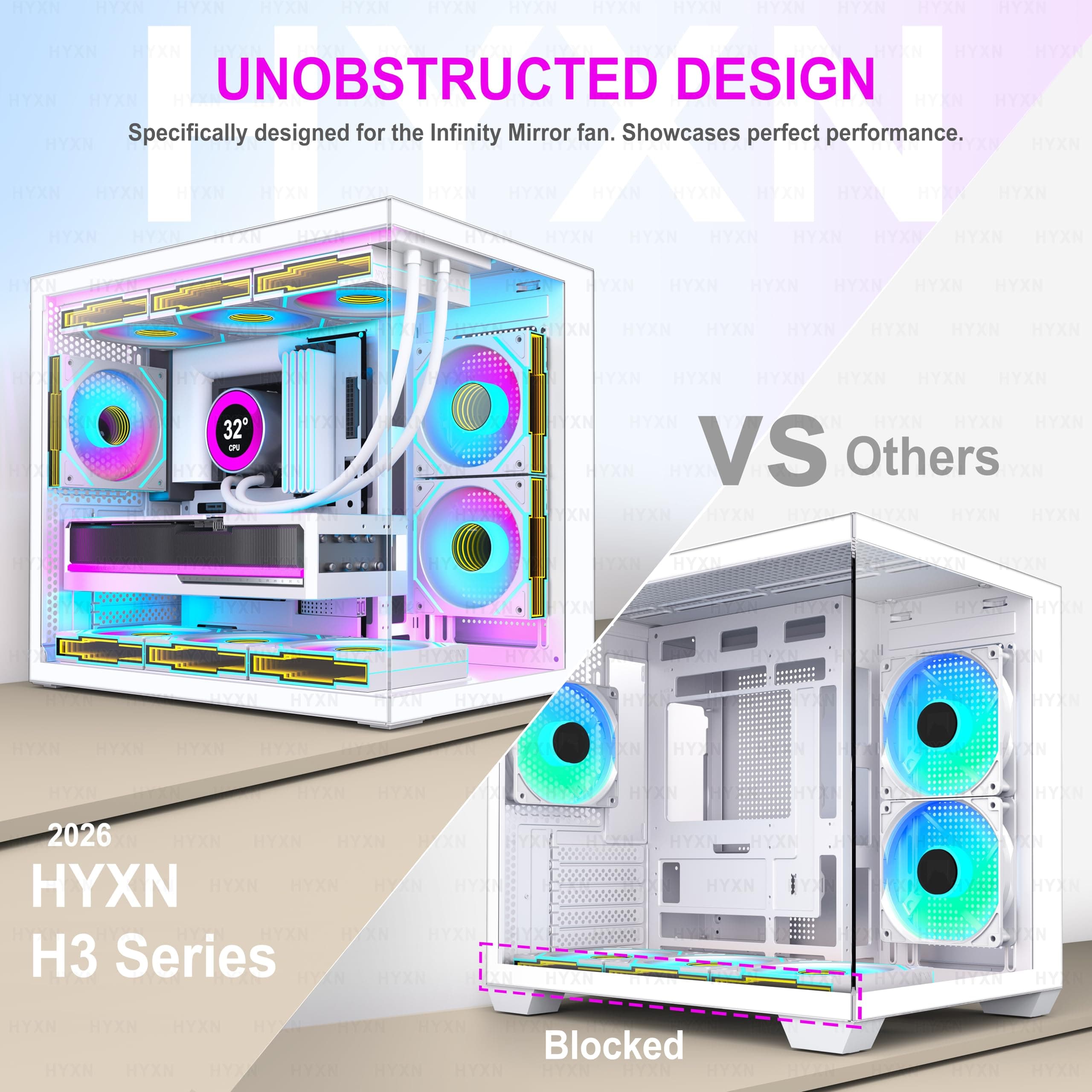 H3(2026) PC Gehäuse ATX –Vorinstalliert 6 Infinity Mirror PWM ARGB-Lüftern, Kompakter ATX Dual Kammer Mid Tower Gaming PC Gehäuse, 360MM Rad Unterstützung,mit Type-C 3.2 (Weiß) Bild 7
