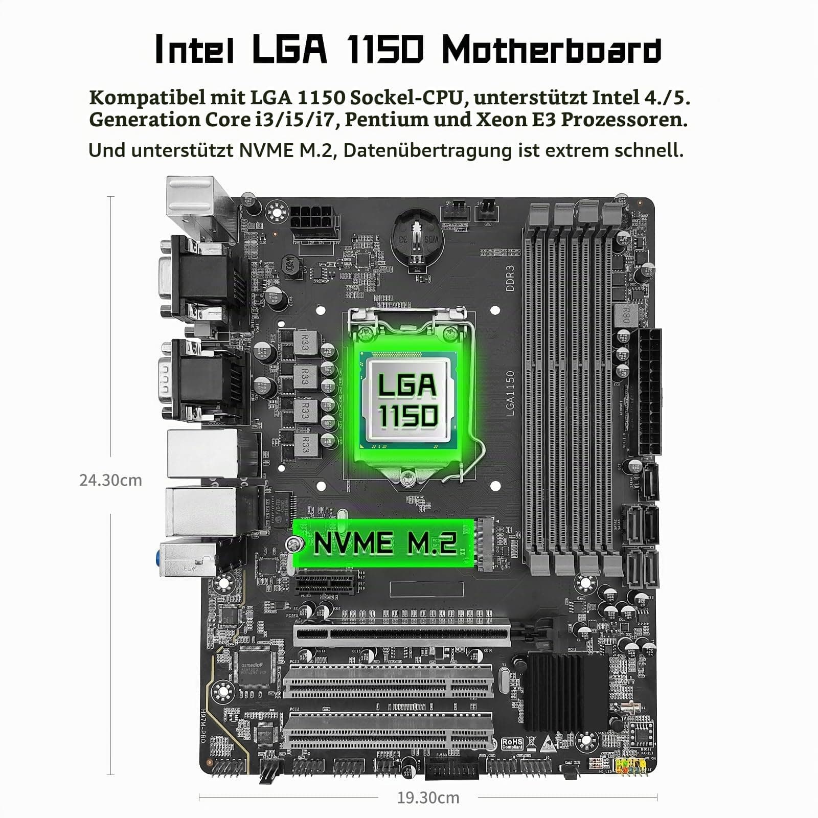 SHANGZHAOYUAN H97M PRO LGA 1150 Mainboard Kompatibel mit Intel Core 4th/5th Gen i3 i5 i7 /Pentium/Xeon (Micro ATX, 4*DDR3 Non-ECC, SATA3.0, USB3.0, NVME M.2, PCIE 3.0) PC Gaming Motherboard Bild 3