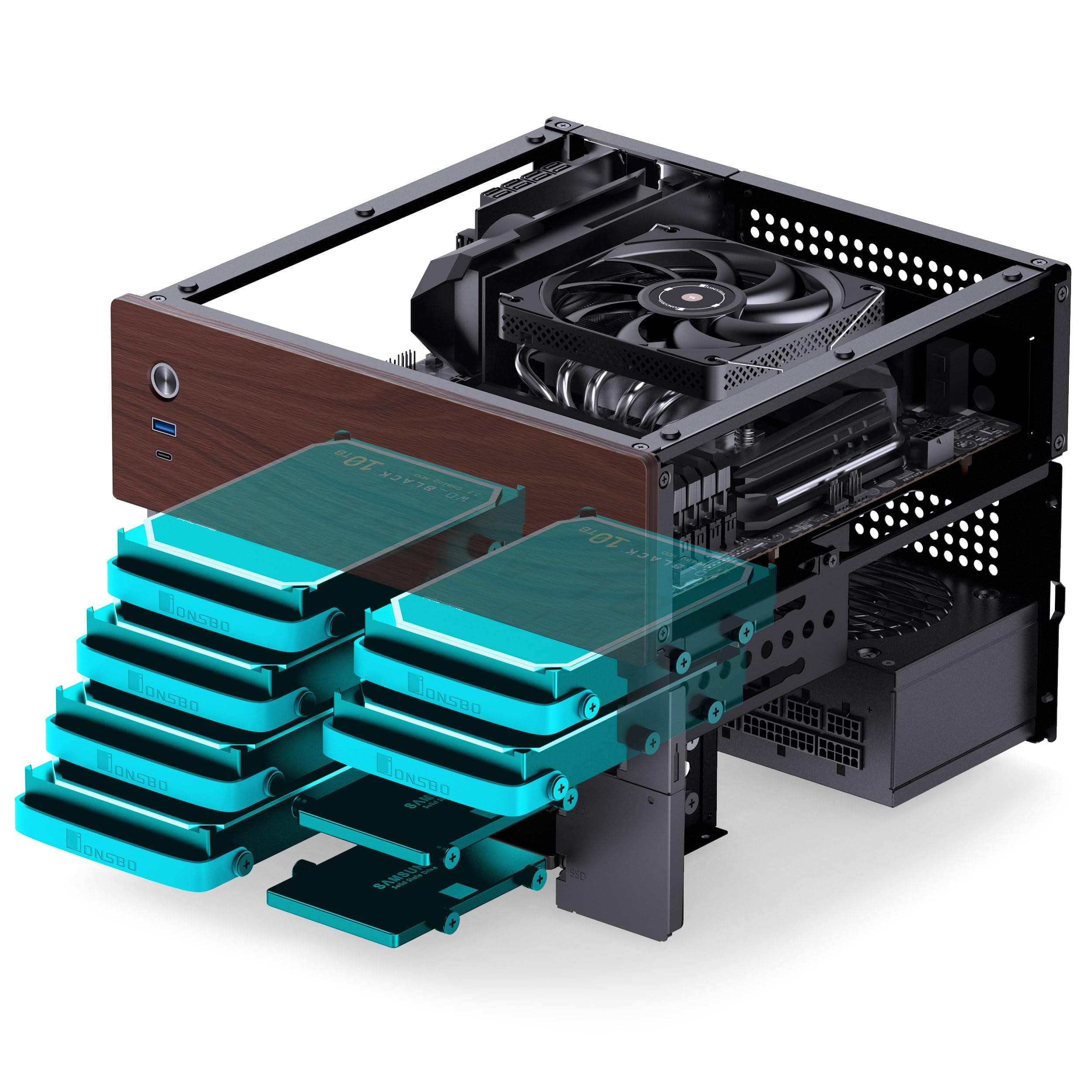 Jonsbo N4 NAS Gehäuse Schwarz – Kompaktes Micro-ATX Case für DIY-NAS, Platz für 6X 3,5" & 2X 2,5" HDDs, 4 Low-Profile-Slots, USB-C & USB-A, Holzdesign Bild 5