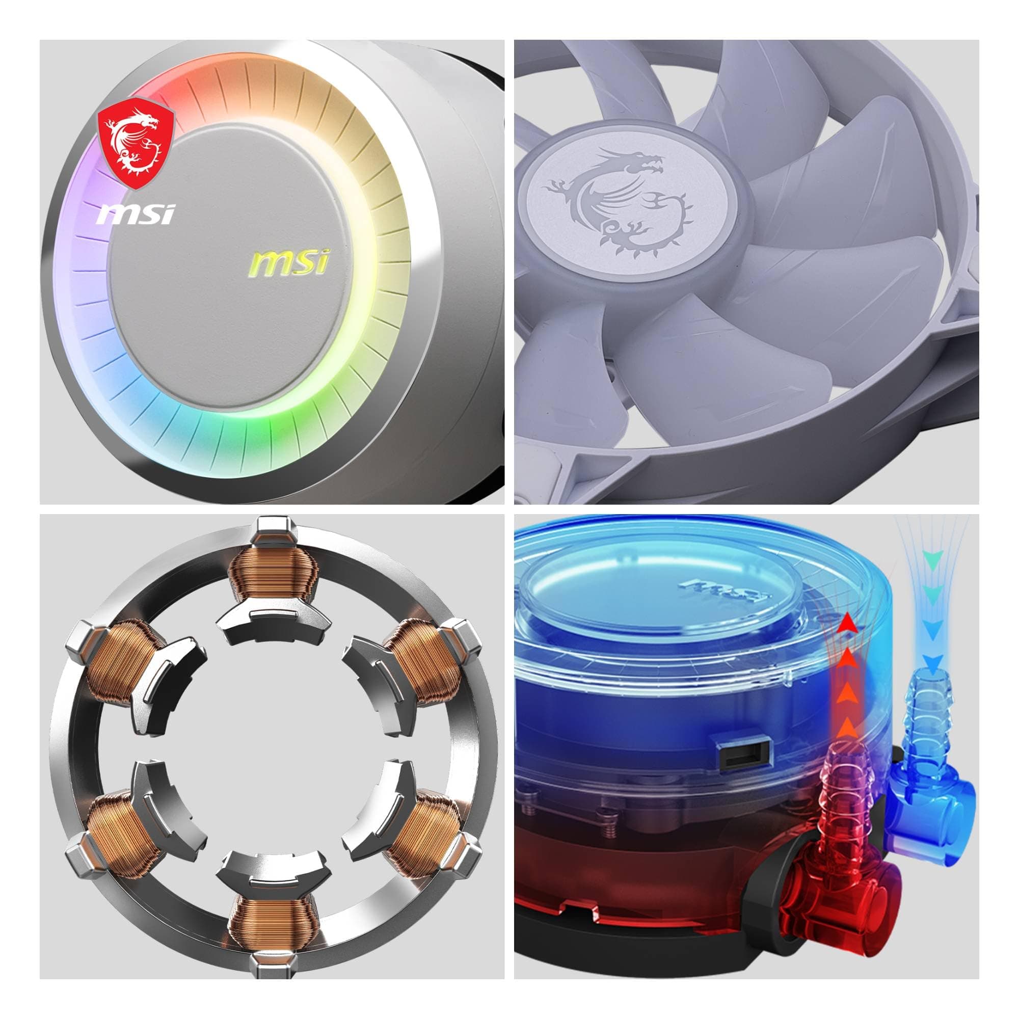 MSI MAG CORELIQUID E360 white AIO CPU Wasserkühlung - Vergrößerte Kupferkühlplatte, ARGB Blockhead, Zweikammer-Wasserblock, Split-Flow Radiator, Mystic Light - AMD & Intel Kompatibel Bild 7