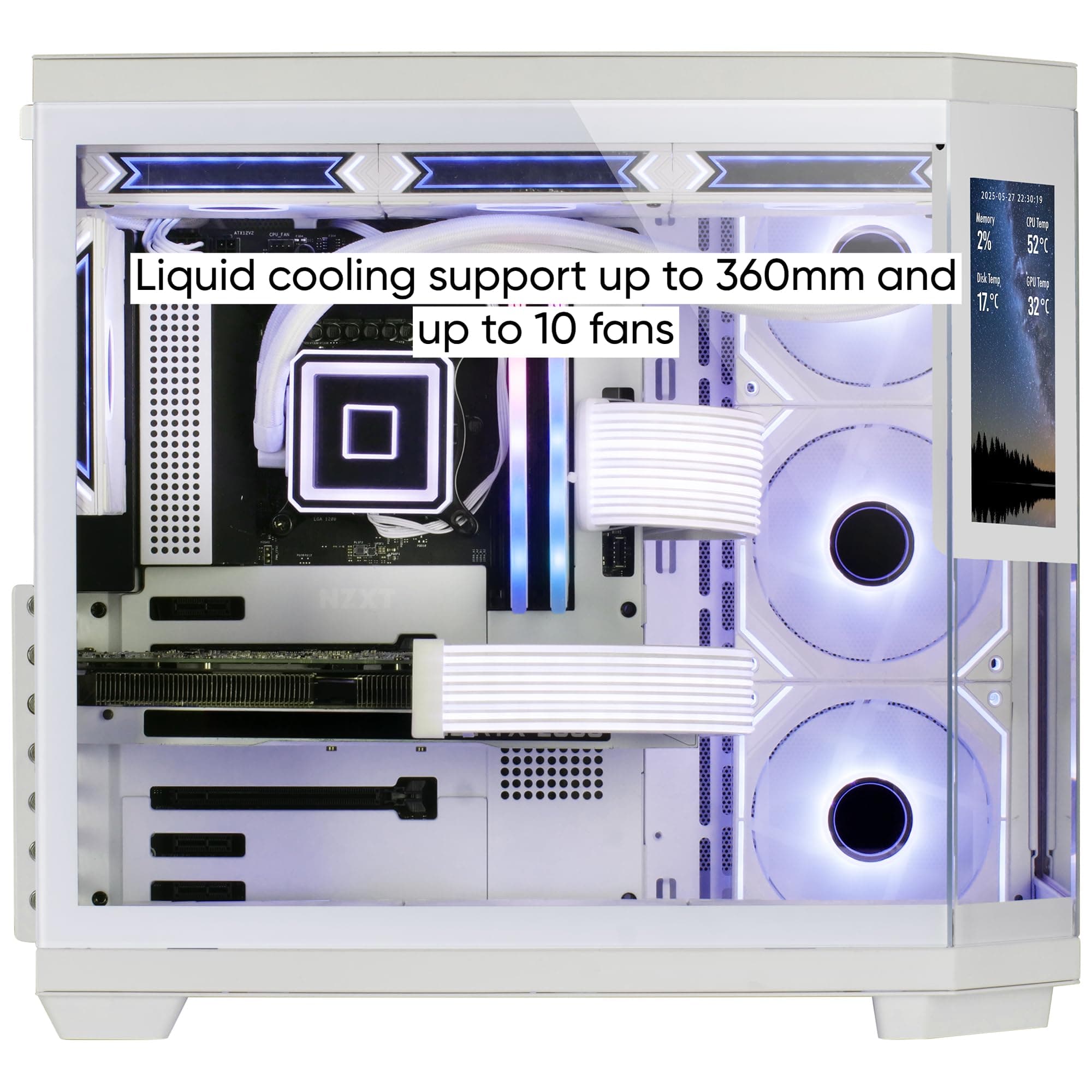 Mars Gaming MC-3TCORELCD ATX Gaming-Gehäuse, anpassbarer 7,2" IPS-Bildschirm, dreifaches herausnehmbares gehärtetes Glas, Doppelkammerstruktur, Unterstützung für Flüssigkeitskühlung bis 360mm, Weiß Bild 7