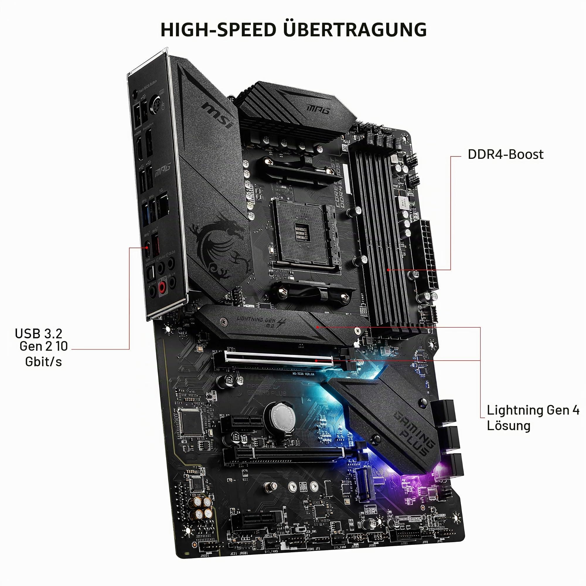 MSI MPG B550 Gaming Plus V1 Gaming Mainboard (AMD Ryzen 5000, AM4, DDR4, PCIe 4.0, SATA 6Gb/s, M.2, USB 3.2 Gen 2, HDMI/DP, ATX) Bild 7