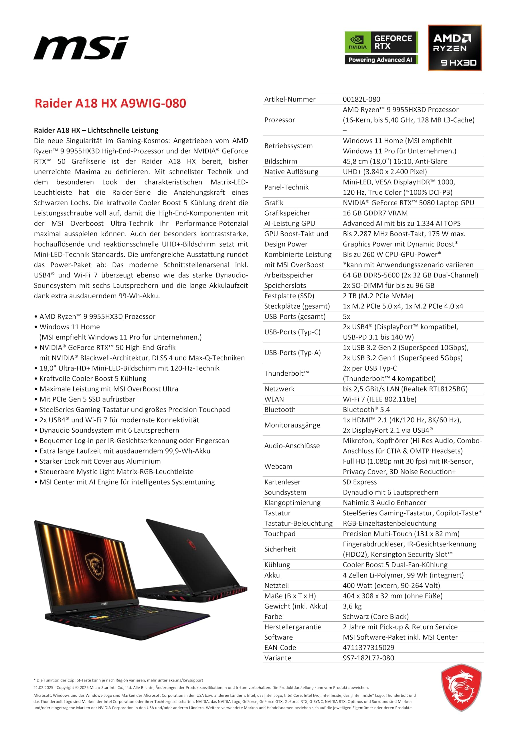 MSI Raider A18 HX Gaming-Laptop, 18" UHD+ Mini-LED 120 Hz Display, AMD Ryzen 9 9955HX3D, NVIDIA GeForce RTX 5080, 64 GB DDR5, 2 TB SSD, Windows 11 Home, QWERTZ Tastatur, A9WIG-080 AMD Ryzen™ 9 9955HX3D Processor RTX5080 Bild 5