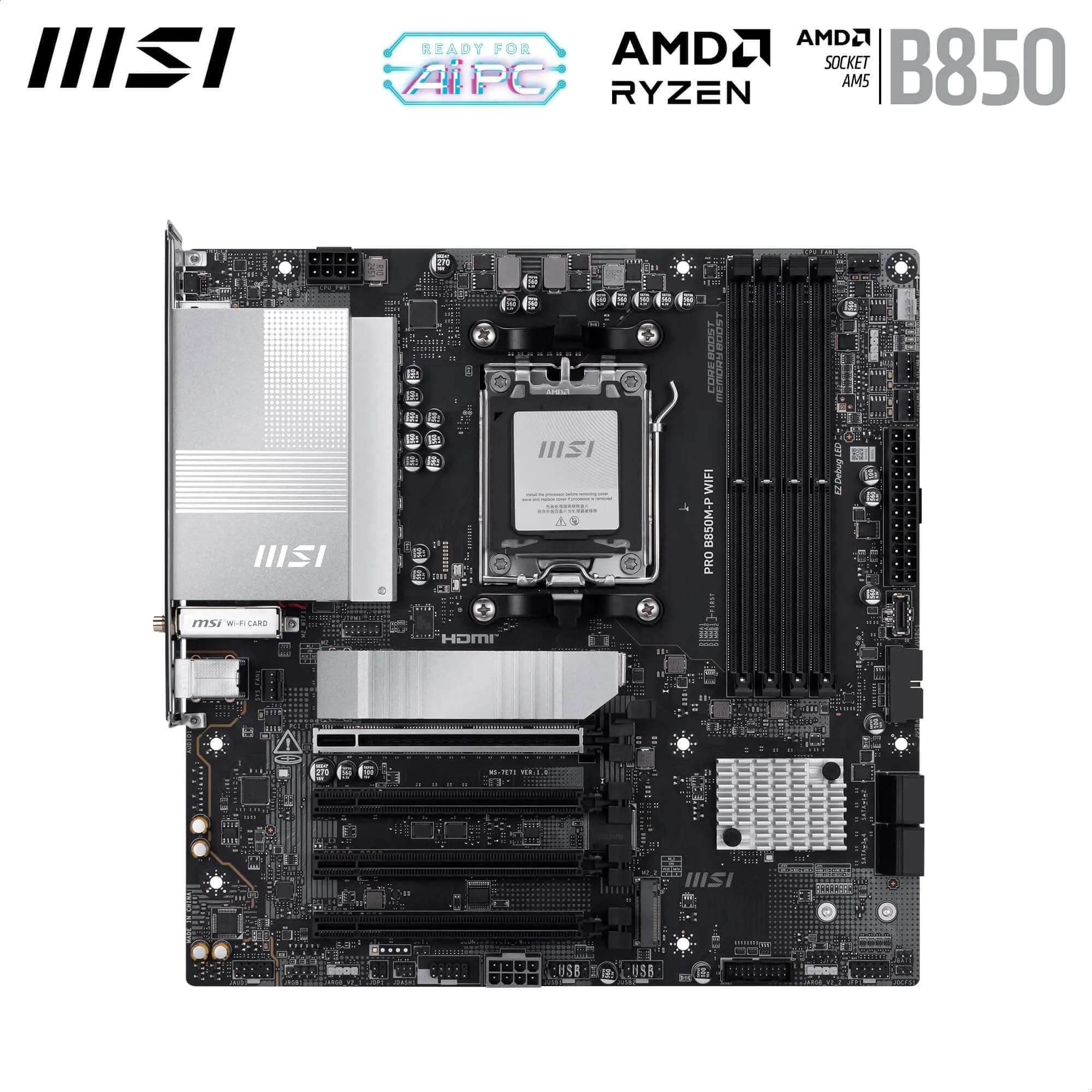 MSI PRO B850M-P WiFi Motherboard, mATX - Supports AMD Ryzen 9000/8000 / 7000 Processors, AM5 - DDR5 Memory Boost (8200+ MT/s OC), PCIe 5.0 x16 & 4.0 x16, M.2 Gen5, Wi-Fi 7, 5G LAN Bild 3