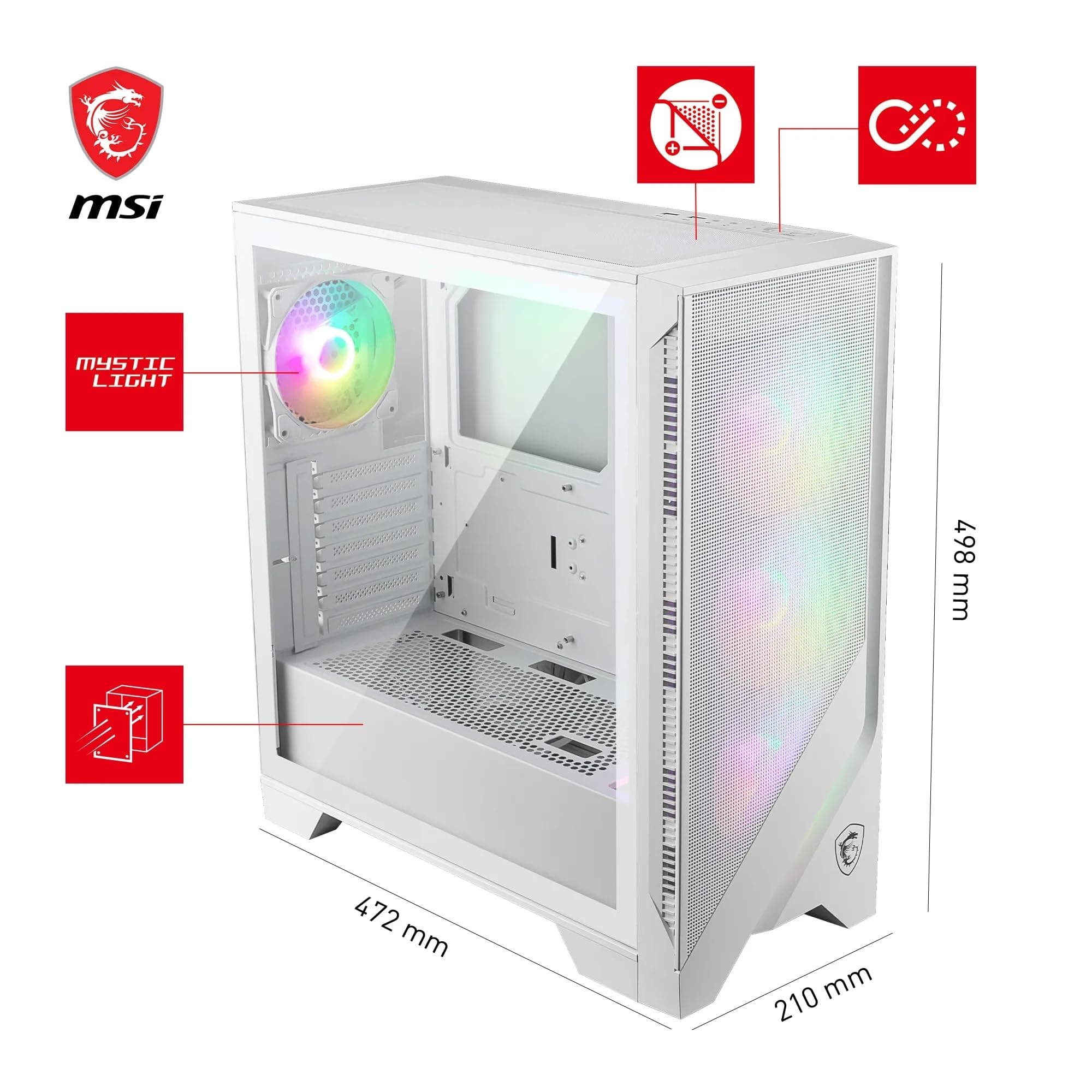 MSI MAG Forge 320R Airflow White Mid-Tower PC-Gehäuse - ATX-Kapazität, RTX 40 GPU-Unterstützung, ARGB-Lüfter, magnetische Staubfilter, gehärtetes Glas, 1-6 ARGB-Hub, USB 3.2 Generation 1 Typ-A Bild 5