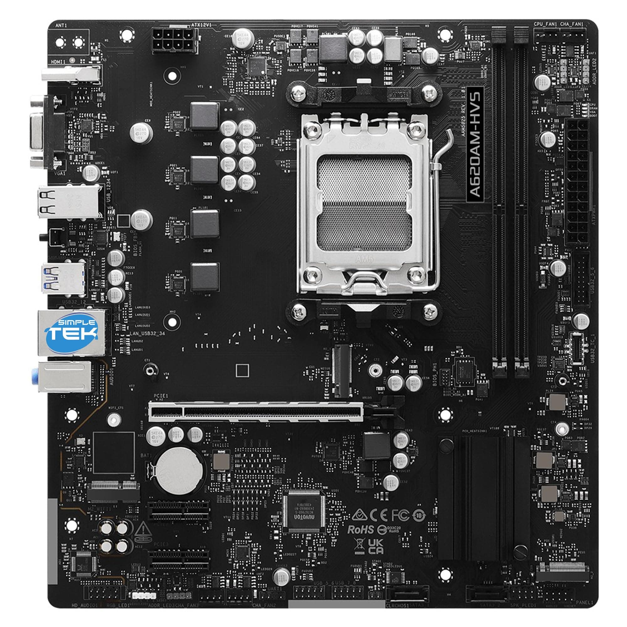 SIMPLETEK - Micro-ATX-Motherboard - Sockel AM5 A620A - DDR5 bis zu 6800+(OC) - PCIe 4.0 - Hyper M.2 Gen4 Slot - USB 3.2