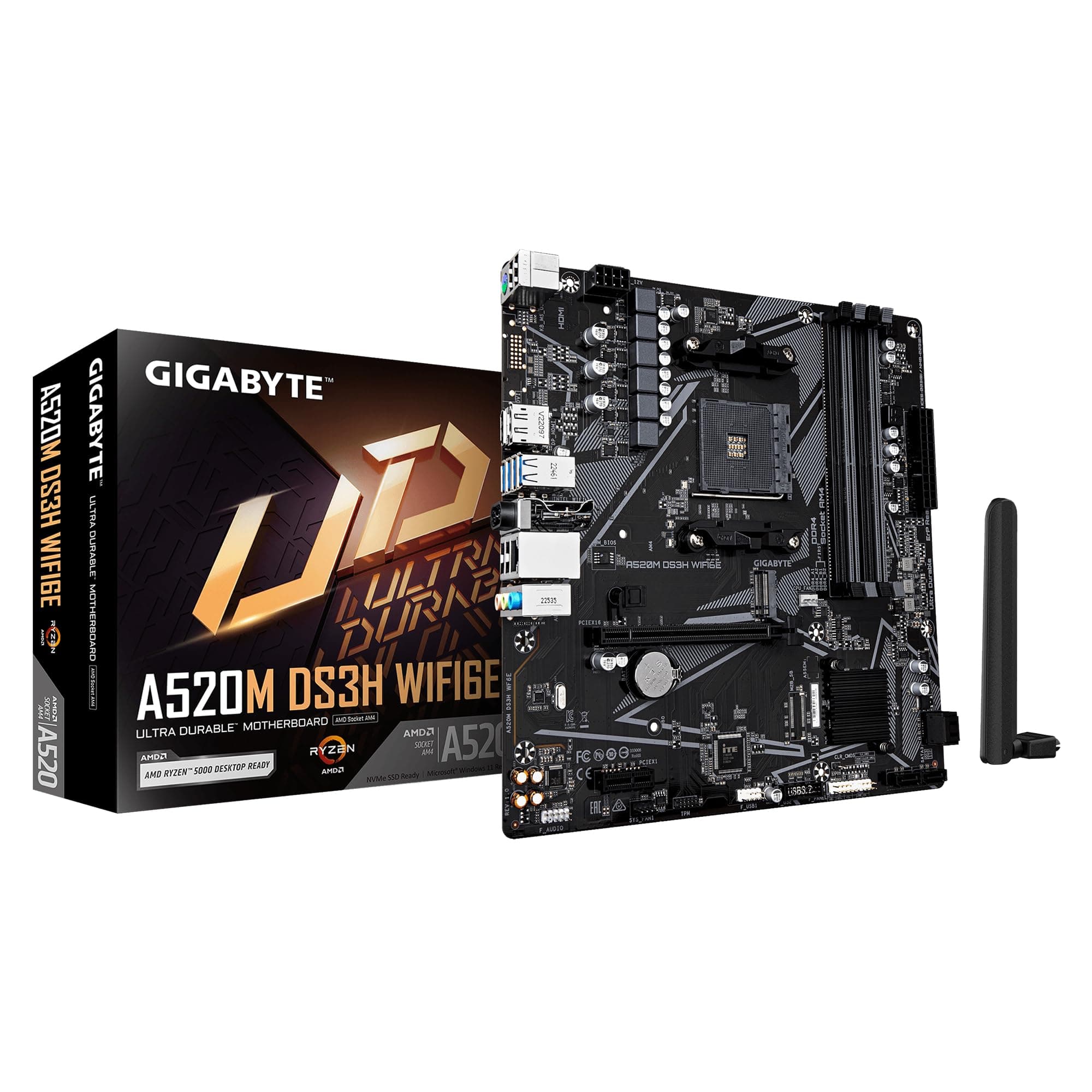 GIGABYTE A520M DS3H WIFI6E Mainboard – Unterstützt AMD Ryzen 5000 Series AM4 CPUs, bis zu 4733 MHz DDR4 (OC), 1× PCIe 3.0 M.2, Wi-Fi 6E, GbE-LAN, USB 3.2 Gen 1 Bild 2
