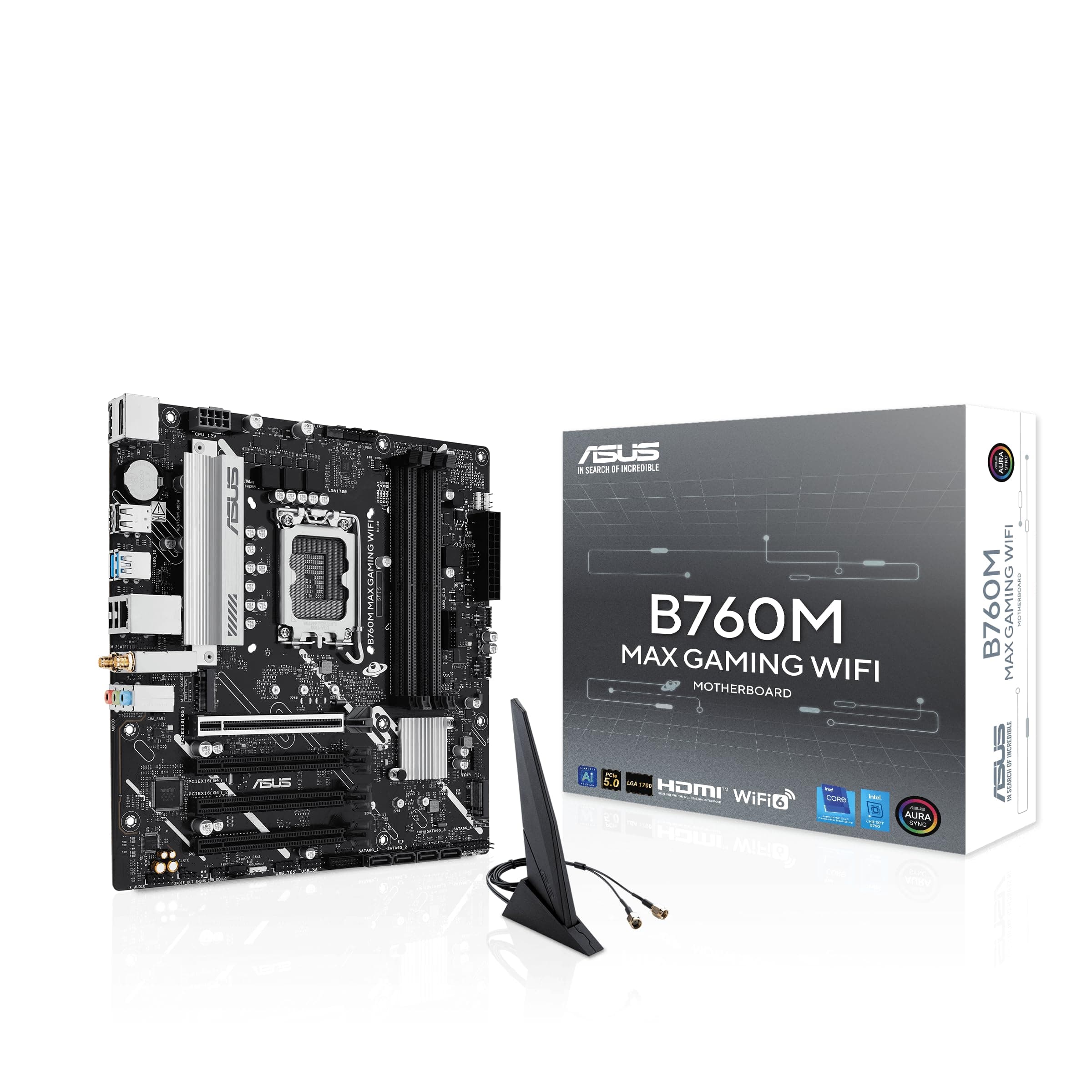 ASUS B760M MAX Gaming WiFi Intel B760 (LGA 1700) mATX Motherboard, Advanced AI PC-Ready, PCIe 5.0 x16, DDR5, 3X M.2, Wi-Fi 6, DisplayPort, HDMI, SATA, USB 10Gbps Type-A, USB 5Gbps Type-C, Aura Sync Bild 2