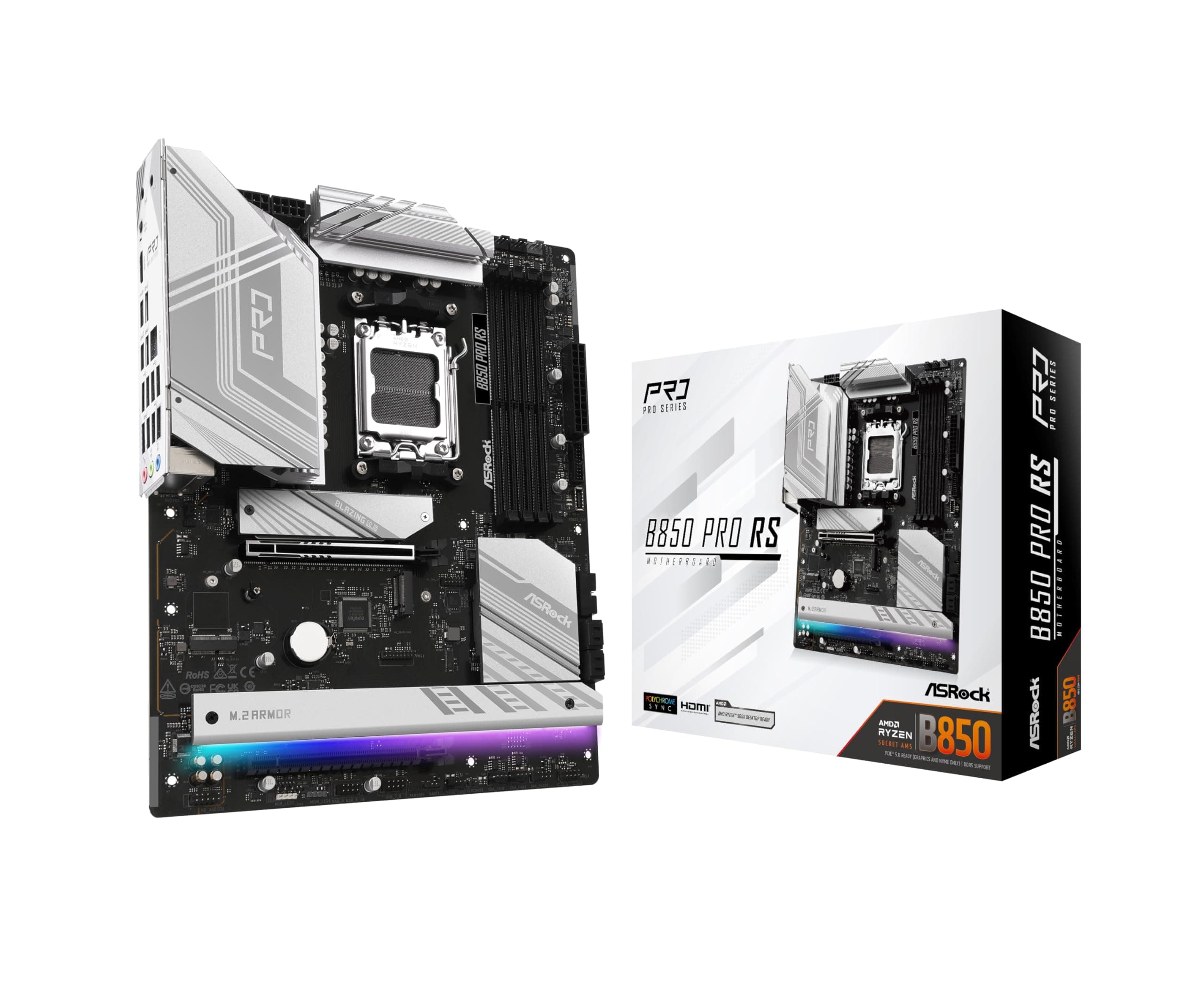 ASRock AMD AM5 B850 Pro RS - Mainboard, AMD Ryzen 9000/8000/7000 Series, 4X DDR5-Slots bis 8000MHz, 24-Pin Stromanschluss, ATX, 21x USB-Ports, PCIe 5.0 Bild 2