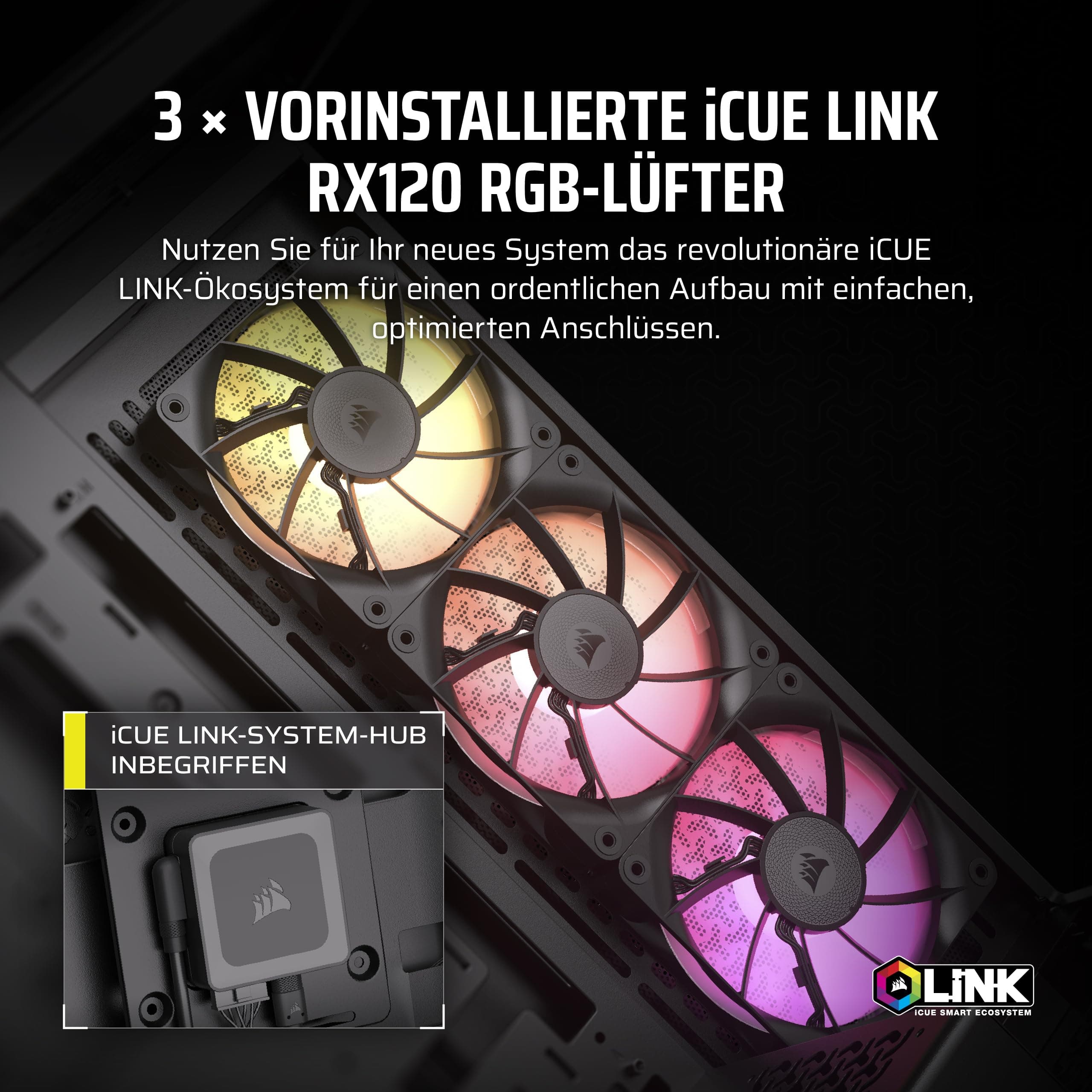CORSAIR iCUE LINK 3500X RGB Mid-Tower ATX PC-Gehäuse - Gehärtetes Panorama-Glas - Umgekehrte Verbindung Motherboard-Kompatibel -3x CORSAIR iCUE LINK RX120 RGB-Lüfter Im Lieferumfang Enthalten -Schwarz iCUE LINK RGB Schwarz Bild 7