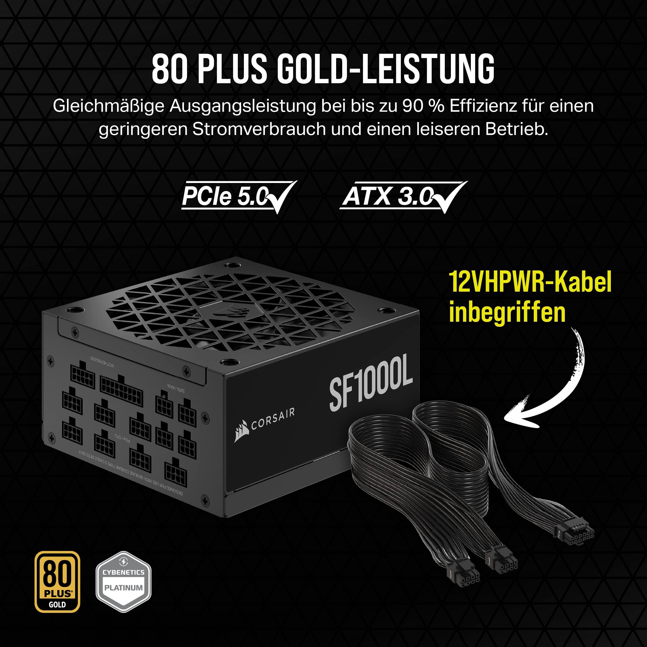 Corsair SF1000L Vollmodulares, Geräuscharmes SFX-Netzteil - ATX 3.1- Und PCIe 5.1-Kompatibel - Leiser 120-mm-PWM-Lüfter - 80 PLUS Gold-Effizienz - Null-Drehzahl-Modus - 105°C-Kondensatoren - Schwarz 1000 Watts Bild 5