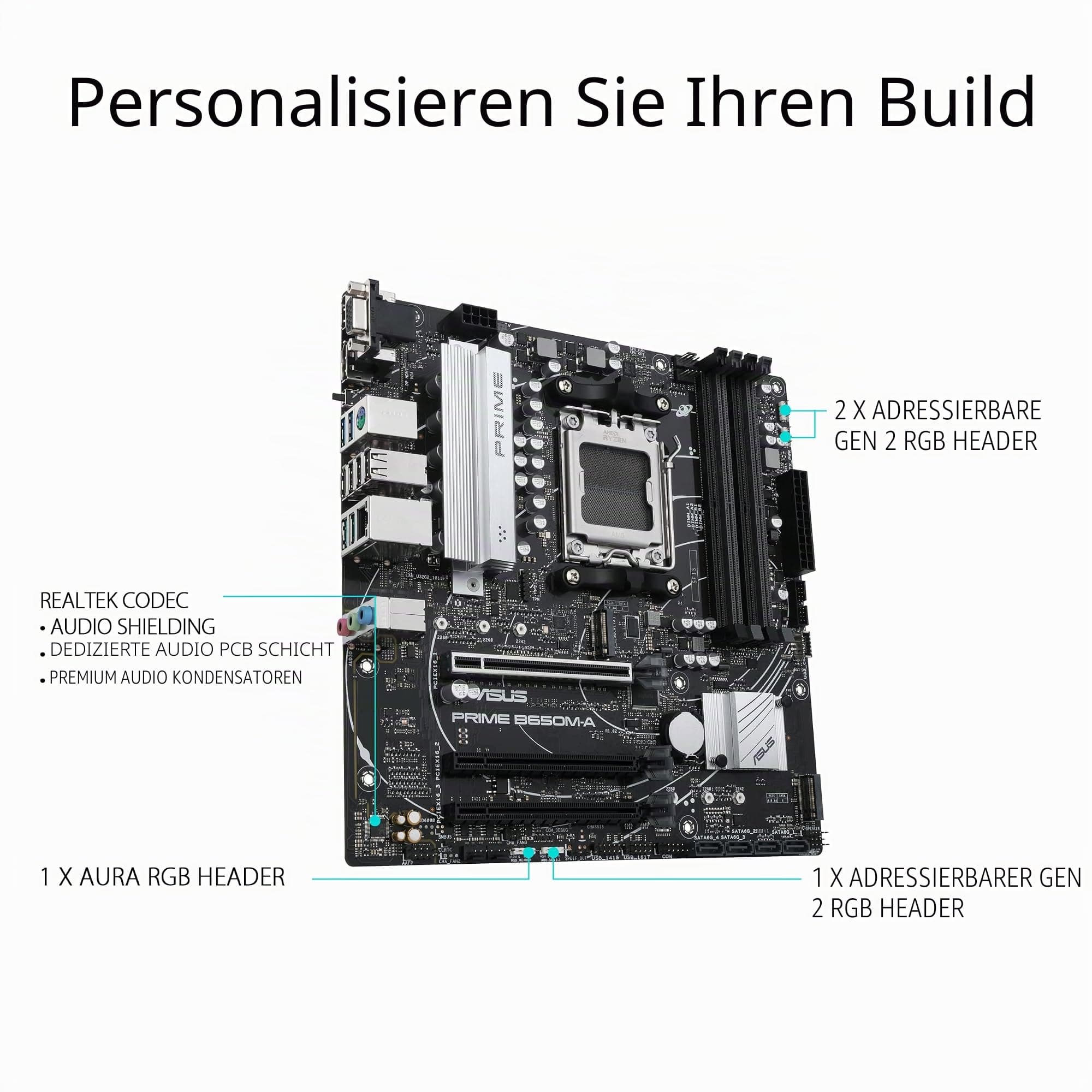 ASUS Prime B650M-A Gaming Mainboard Sockel AMD AM5 (Ryzen 7000,micro-ATX,DDR5 Speicher,PCIe 5.0,WiFi 2.5G Ethernet,BIOS Flashback,USB 3.2 Gen 2,Aura Sync), 90MB1C10-M0EAY0 Bild 7