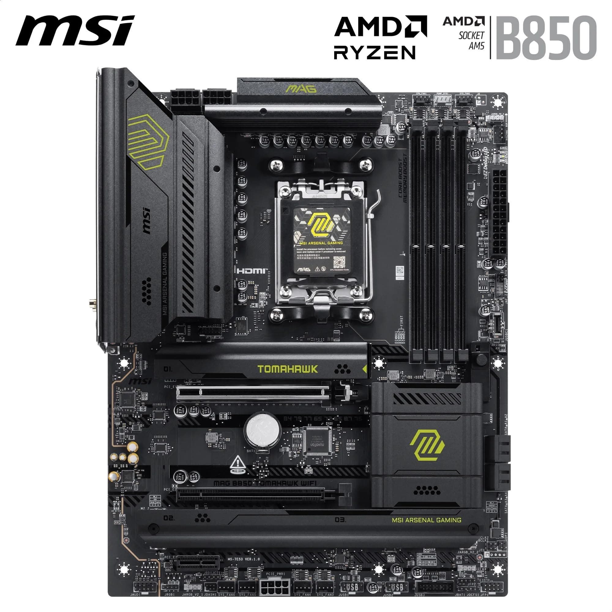 MSI MAG B850 Tomahawk WiFi Mainboard, ATX - Unterstützt AMD Ryzen 9000/8000 / 7000 Prozessoren, AM5-80A SPS VRM, DDR5 Memory Boost 8200+ MT/s (OC), PCIe 5.0 x16, M.2 Gen5, Wi-Fi 7, 5G LAN Bild 3
