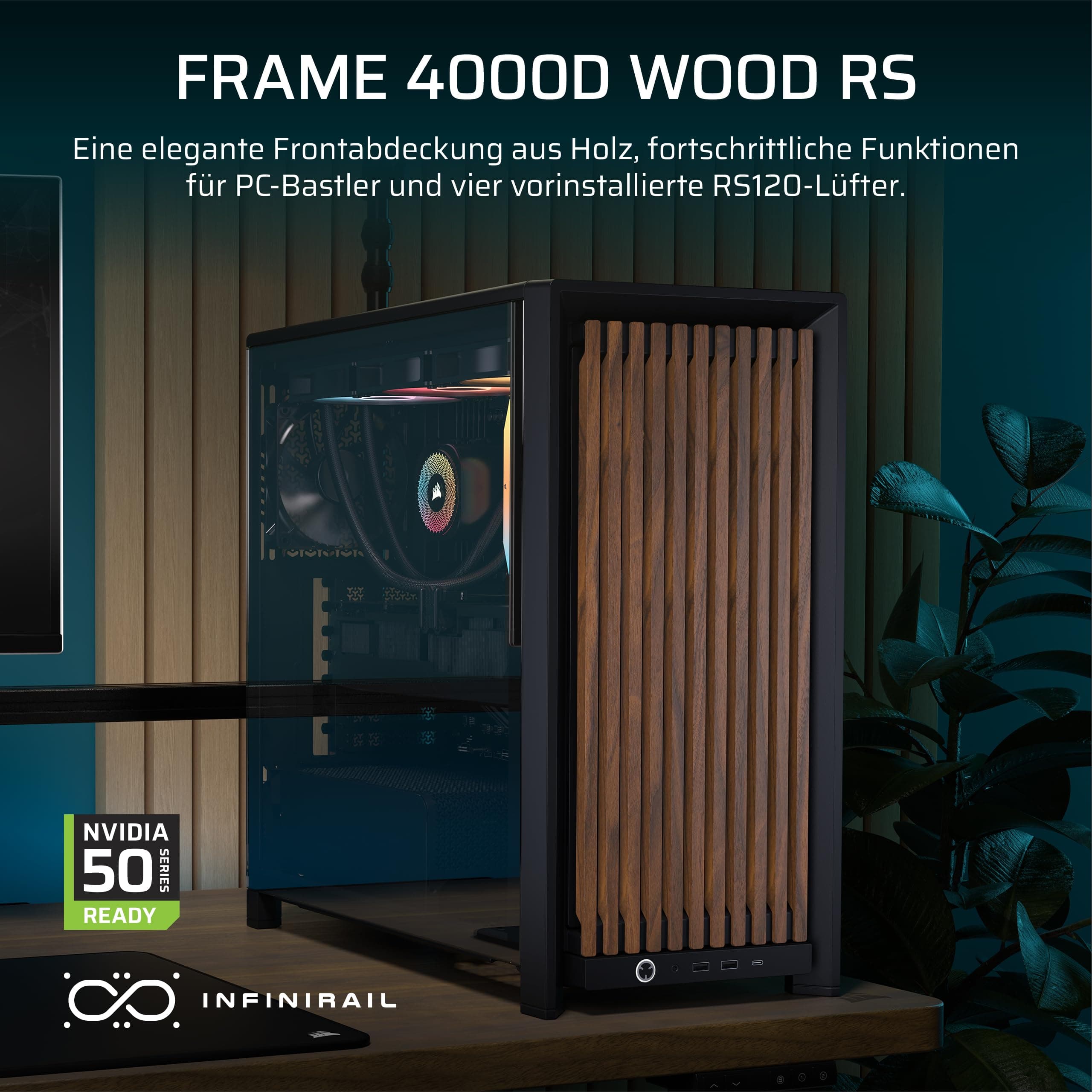 CORSAIR Frame 4000D Wood RS Mid-Tower-ATX-PC-Gehäuse – Schwarz & Walnuss | Modulares, Holzfrontpanel, 4x RS120 PWM-Lüfter Enthalten, InfiniRail-Lüfterhalterungssystem, GPU-Anti-Sag-Stabilisierungsarm Bild 4