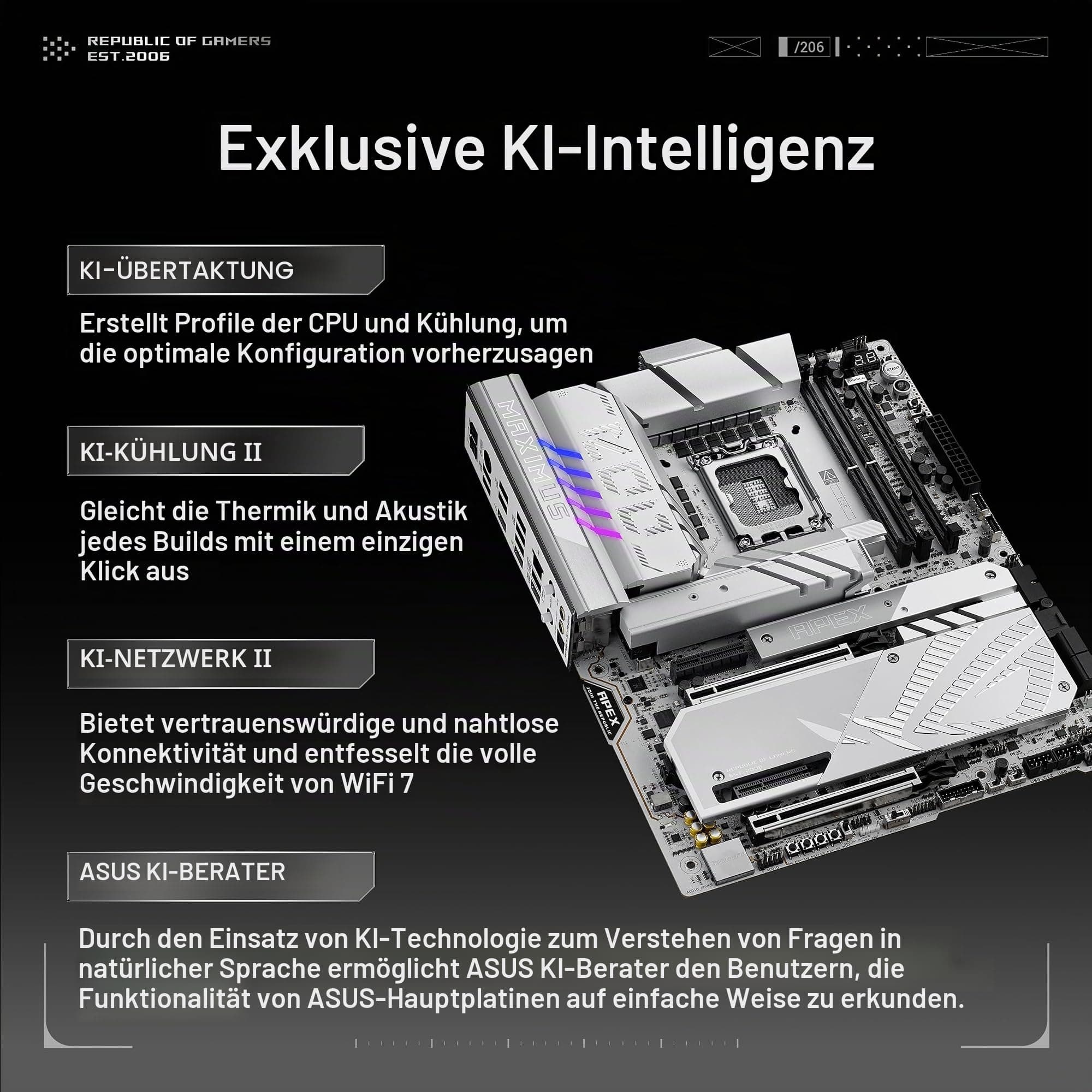 ASUS ROG MAXIMUS Z890 APEX Intel® Z890 LGA 1851 ATX Motherboard, Advanced AI PC-Ready, 22+2+1+2 Stufen, DDR5, WiFi 7, 5G LAN, 3x PCIe® 5.0 M.2, Thunderbolt™ 4, USB Type-C®, AI OC, Cooling & Networking Z890 Apex|AI PC-Ready|White Bild 3