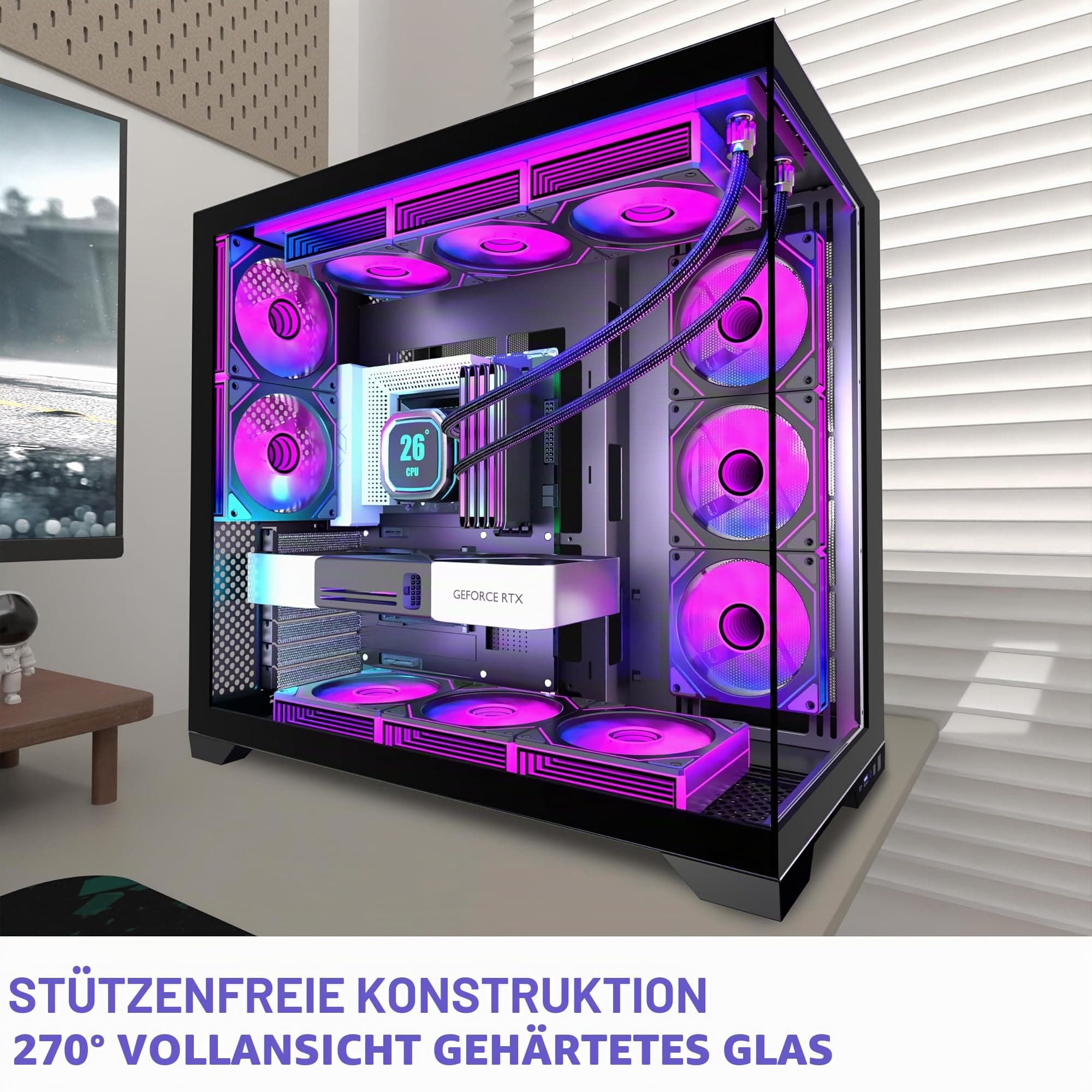 KEDIERS PC Gehäuse Vorinstallierter 5 × 120MM Schwarz Lüfter, ATX Mid Tower PC Gehäuse, Computergehäuse mit Panoramaaussicht Gehärtetes Glas Front Panel,Schwarz/Walnussholz,Neue P6-Version Bild 5