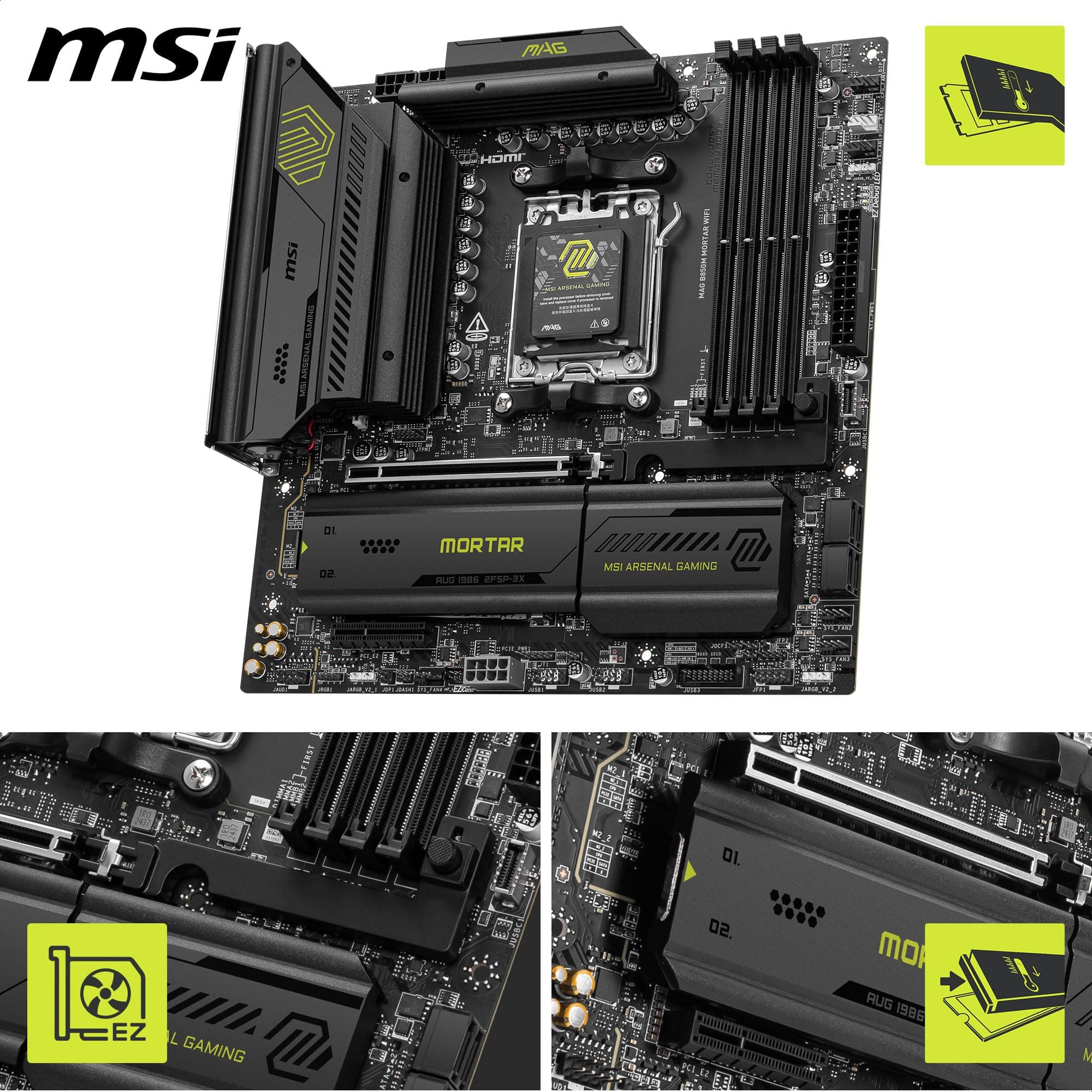 MSI MAG B850M Mortar WiFi Mainboard, mATX - Unterstützt AMD Ryzen 9000/8000 / 7000 Prozessoren, AM5-60A SPS VRM, DDR5 Memory Boost 8200+ MT/s (OC), PCIe 5.0 x16, M.2 Gen5, Wi-Fi 7, 5G LAN Bild 6