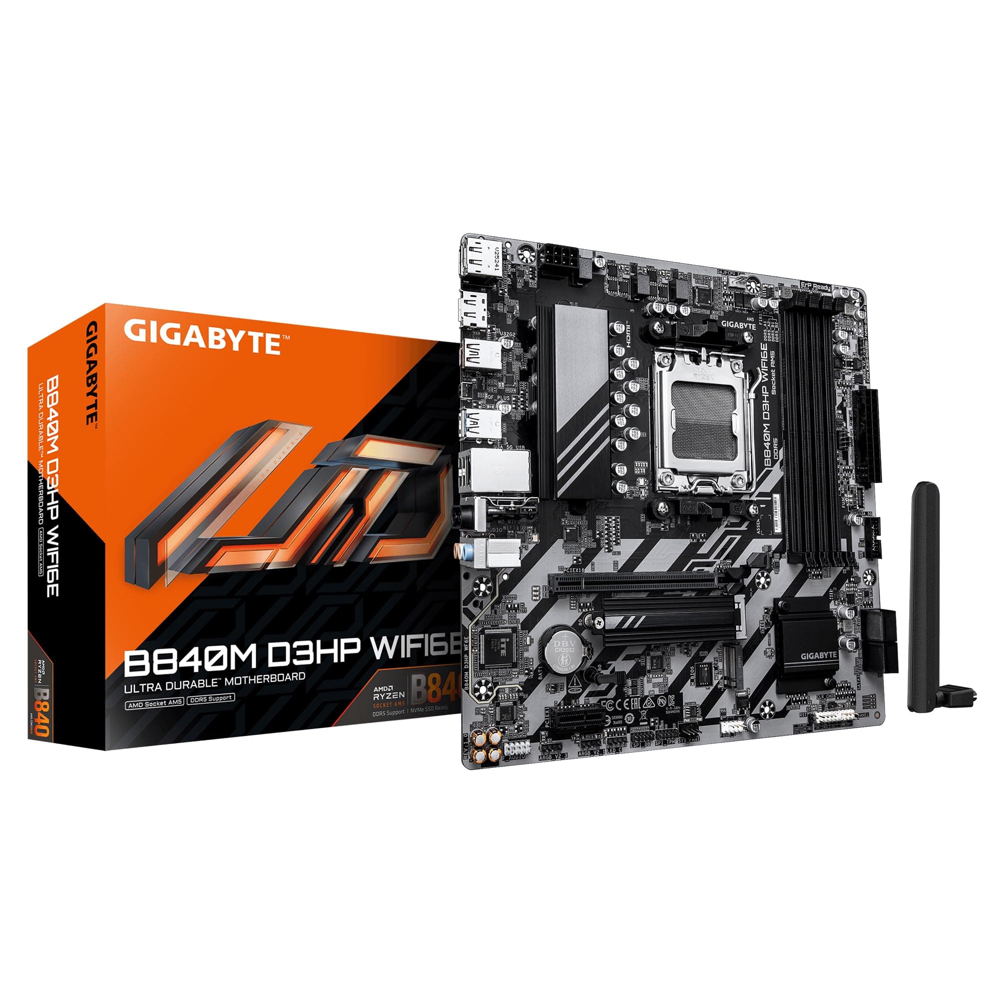 GIGABYTE B840M D3HP WIFI6E Mainboard – AMD Ryzen 9000 CPUs, 8+2+2-Phasen-VRM, bis zu 8200 MHz DDR5 (O.C.), 2× PCIe-4.0-M.2, Wi-Fi 6E, 1-GbE-LAN, USB 3.2 Gen 2 Bild 2