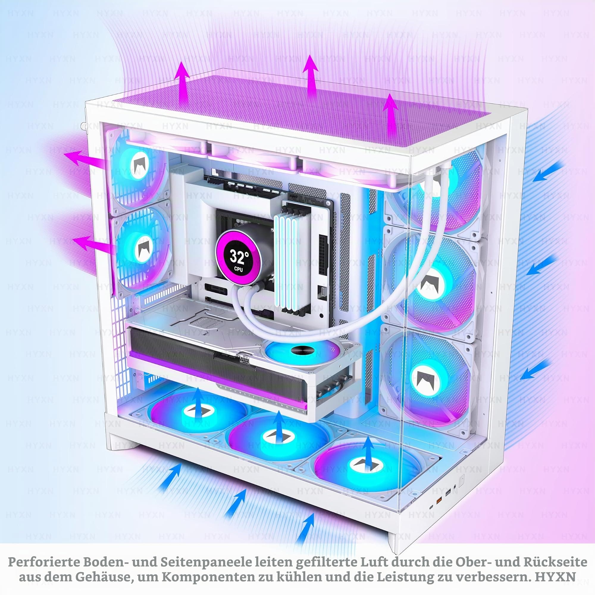 H2(2026) HYXN PC Gehäuse ATX mit 8 Lüfter(6X140 und 2X120) Groß Dual Kammer Mid-Tower Computer Gehäuse Airflow Gaming PC-Gehäuse,Unterstützt 420mm-Wasserkühler,Gaming Gehäuse (Weiß, H2) Weiß H2 Bild 5