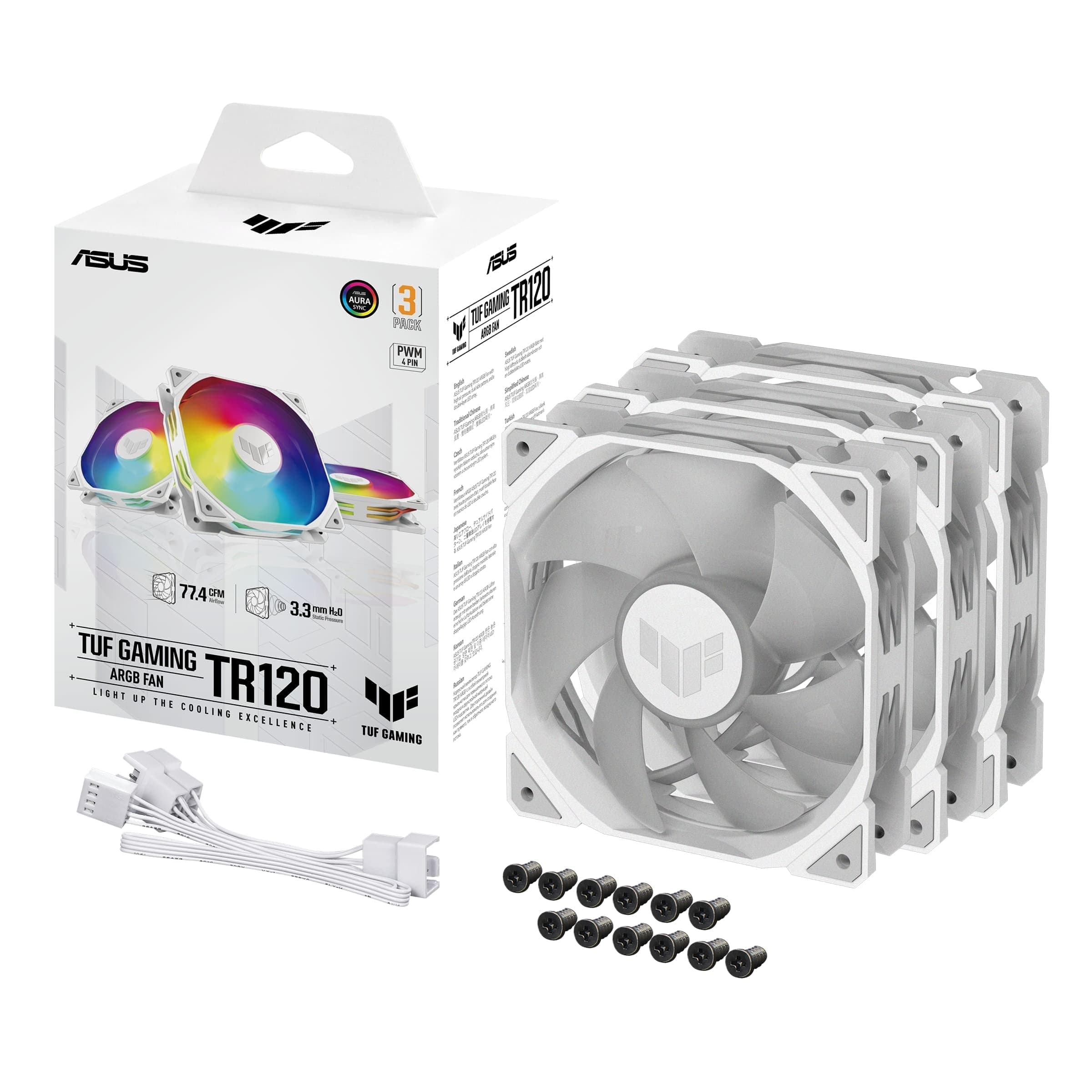 ASUS TUF Gaming TR120 ARGB Standard Blade White 3IN1 Gehäuselüfter 3er Pack (120mm PWM PC Lüfter, 2000 RPM, 3,3 mm H2O, 77,4 CFM Luftstrom, 16 einzeln adressierbare RGB-LEDs, weiß) Bild 2