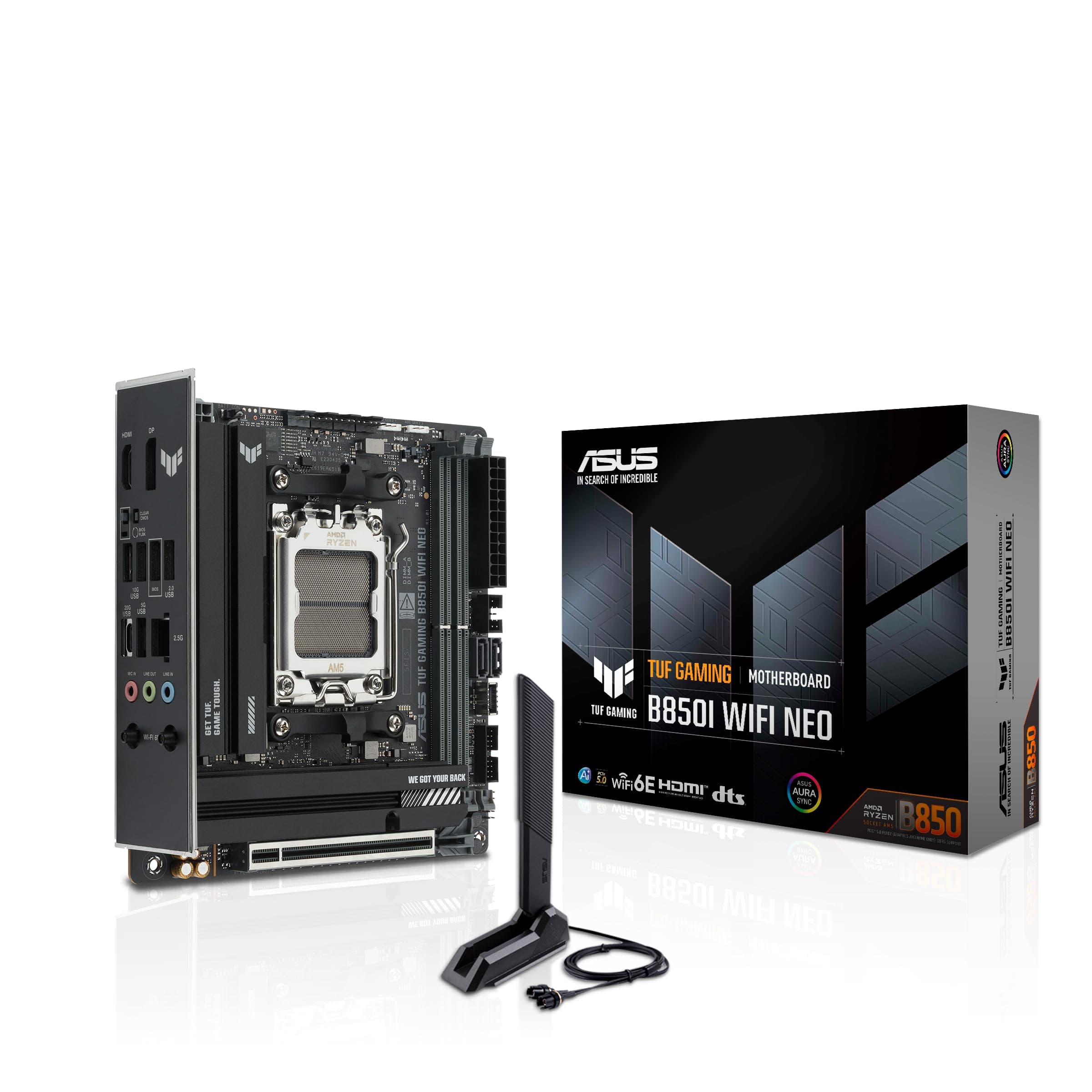 ASUS TUF Gaming B850I WiFi NEO AMD B850 Mini-ITX Mainboard (8+2+1 80-A-DrMOS, DDR5, PCIe 5.0, 2X M.2, WiFi 6E, 2.5Gb-Ethernet, USB-C 20 &10 Gbps, HDMI, DisplayPort, BIOS Flashback, Aura Sync) Bild 2