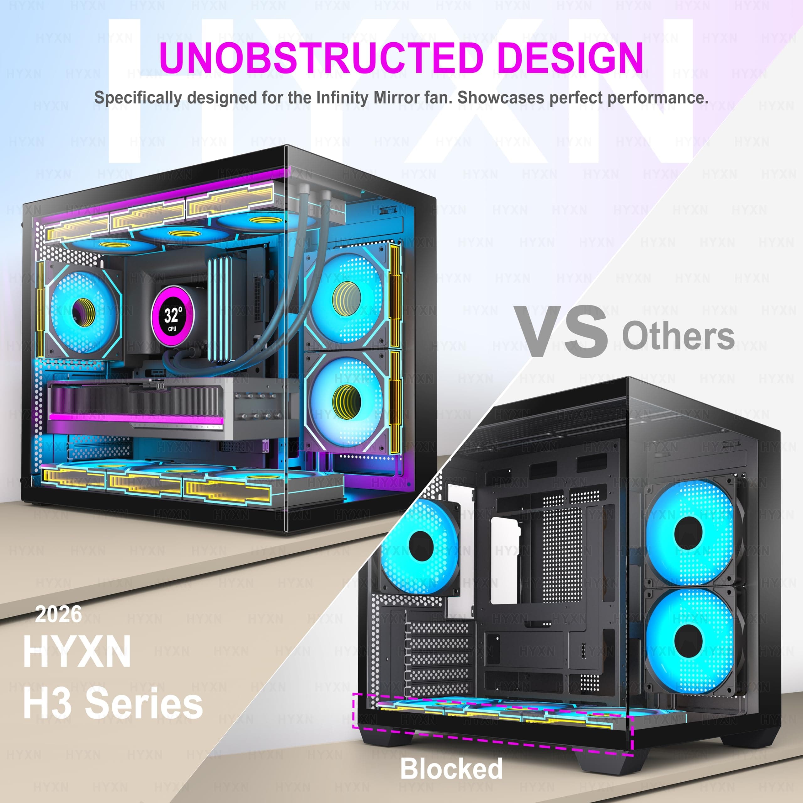 H3(2026) PC Gehäuse ATX – Vorinstalliert mit 6 Infinity Mirror PWM ARGB-Lüftern, Kompakter ATX Dual Kammer Mid Tower Gaming PC Gehäuse, 360MM Rad Unterstützung,mit Type-C 3.2 (Schwarz) Bild 7