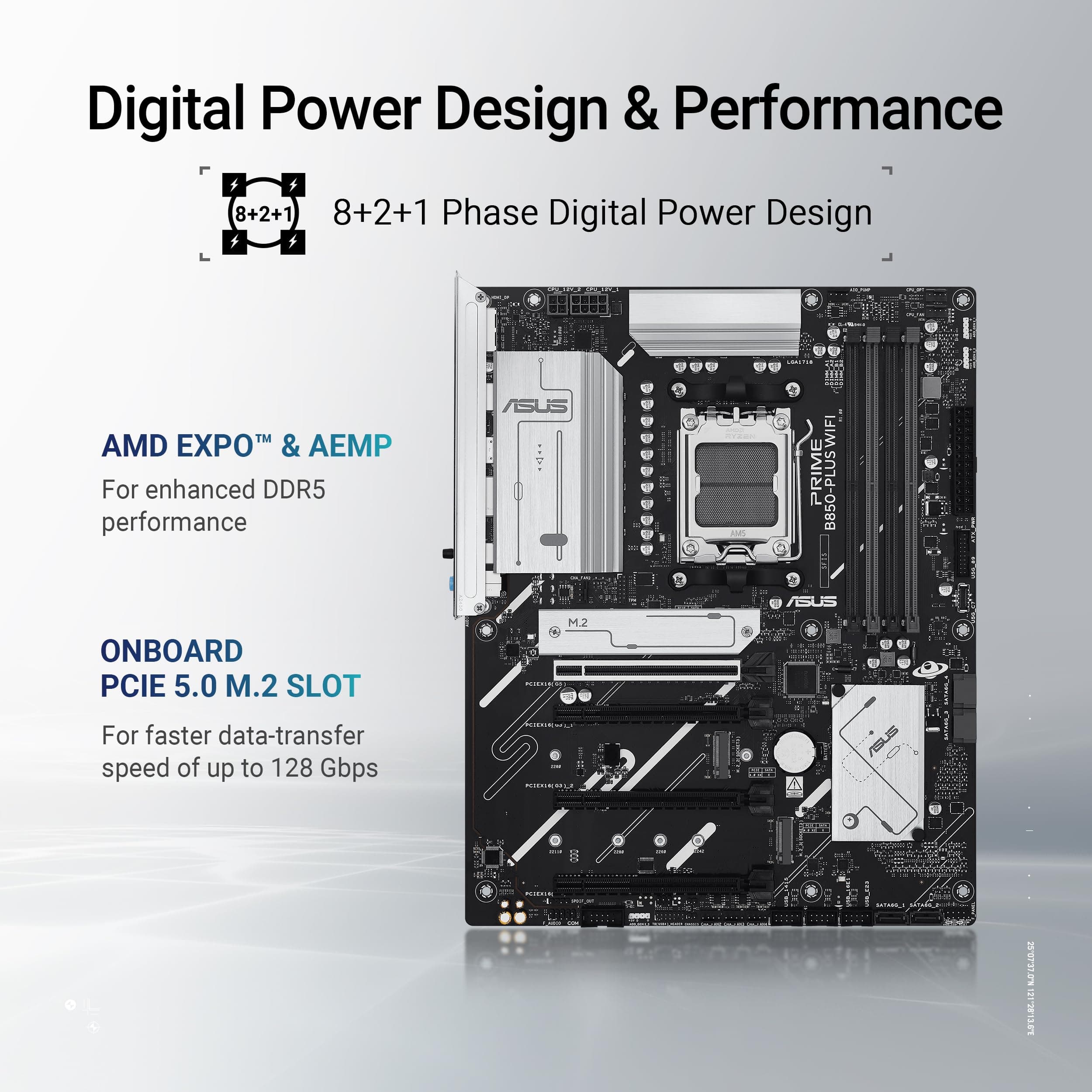 ASUS Prime B850-PLUS WiFi AMD AM5 AMD B850 ATX Motherboard, DDR5, PCIe 5.0 Ready, 3X M.2, Wi-Fi 6E, 2.5Gb LAN, DisplayPort, HDMI™, USB 10Gbps Type-A & Type-C®, BIOS Flashback™, Aura Sync, AI Advisor Bild 6