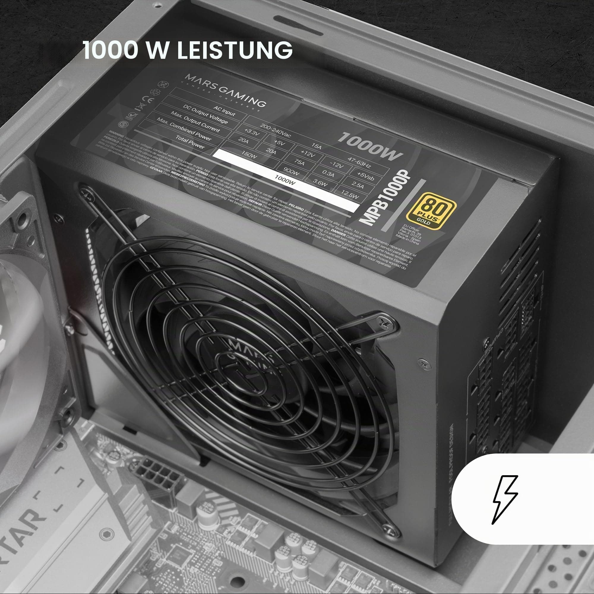 Mars Gaming MPB1000P, Modulares ATX 3.1 Netzteil 1000W, 10 Jahre Garantie, 80Plus Gold, 140mm AI-RPM Lüfter, Japanische Kondensatoren, PCIe 5.1 und APFC Unterstützung, DC-DC + SMD Technologie, Schwarz Bild 5