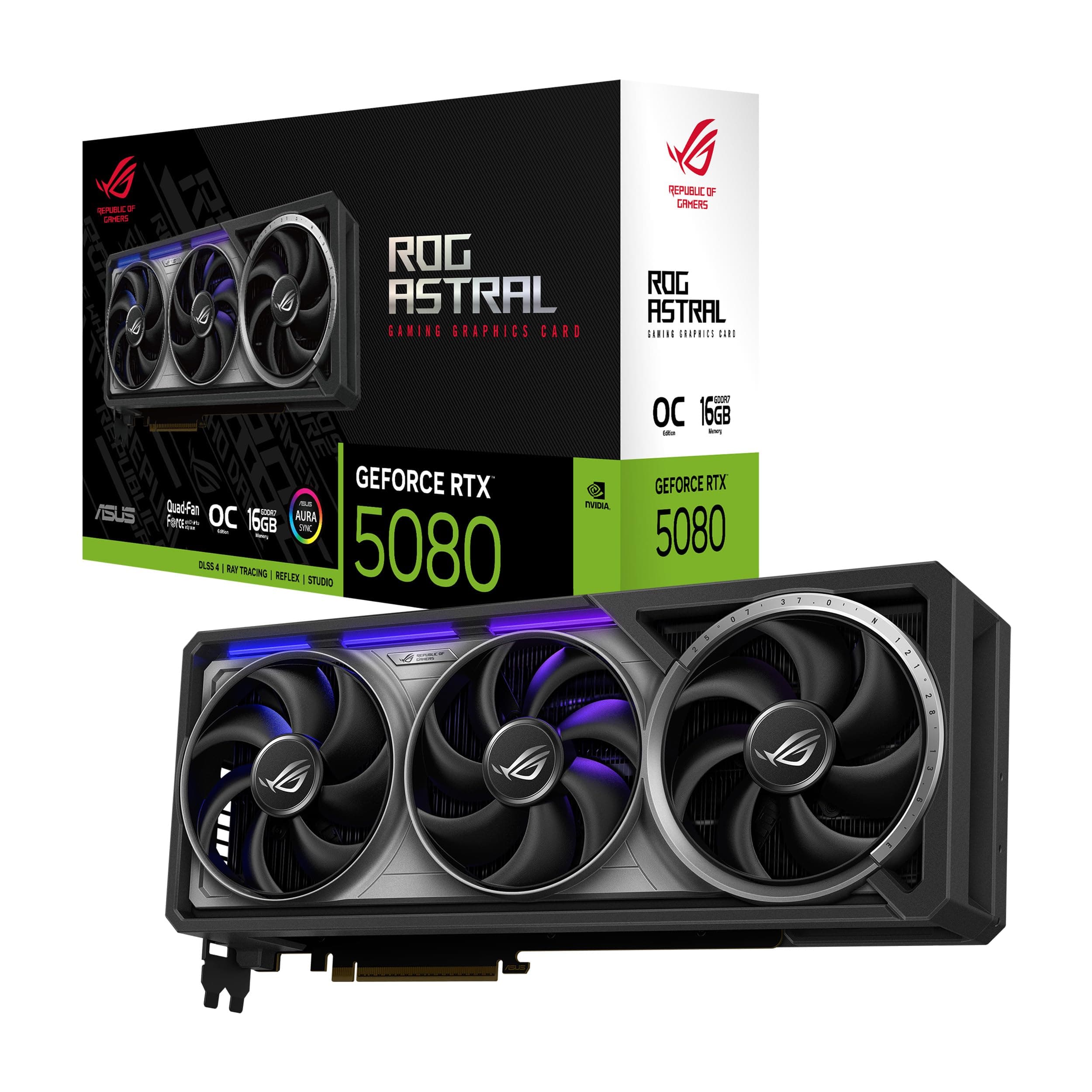 ASUS ROG Astral GeForce RTX 5080 16GB GDDR7 OC Edition Gaming Grafikkarte (Nvidia GeForce RTX5080, Vier Lüfter, 3.8-Slot-Design, PCIe 5.0, 2X HDMI 2.1b, 3X DisplayPort 2.1a) Bild 2