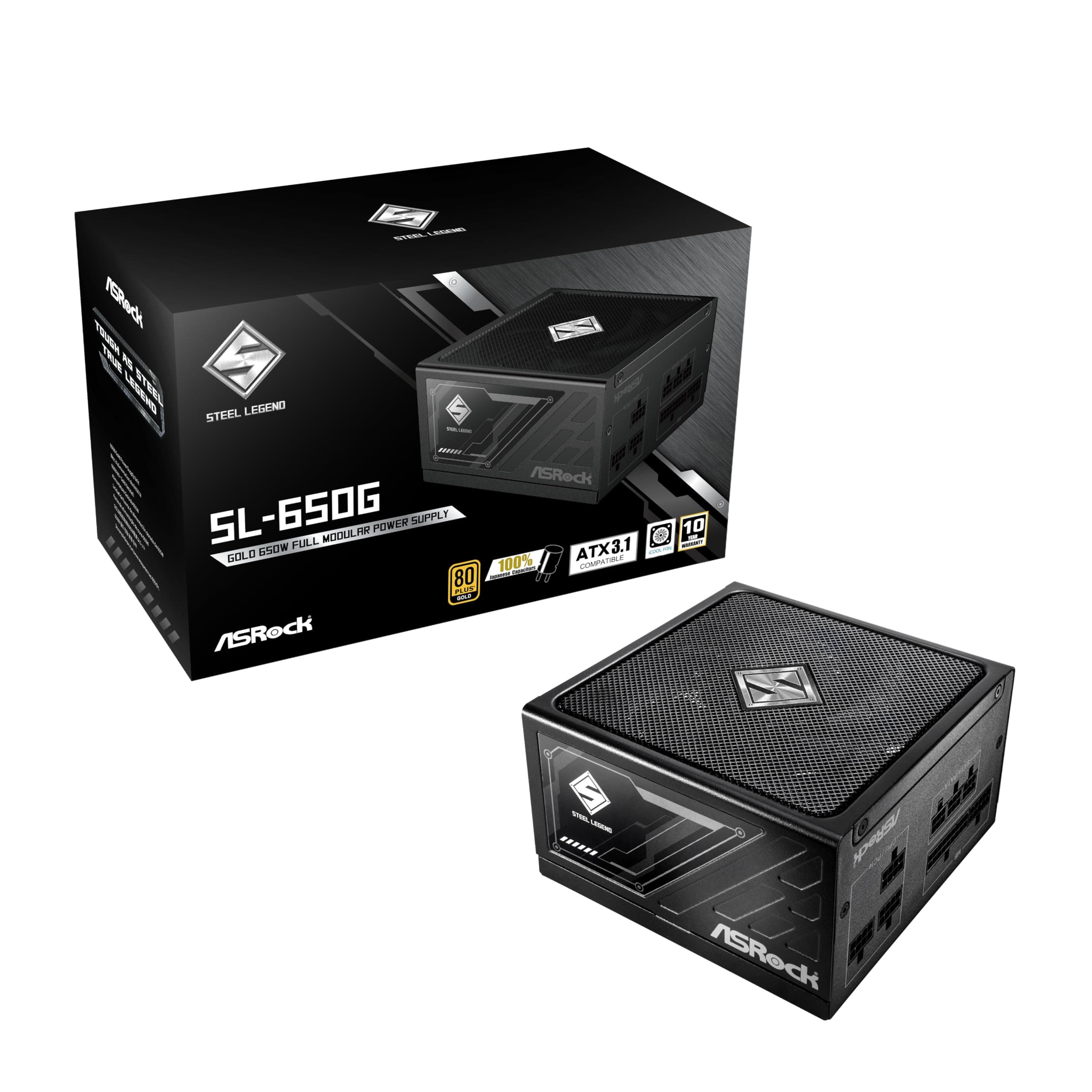 ASRock Steel Legend 650W Power Supply ATX 3.1 PCle iCOOL Full Modular 10 Years Warranty 135 mm FDB Fan SL-650G 80 Plus Gold Cybenetics Platinum Japanese Capacitor 5V Boost Bild 2