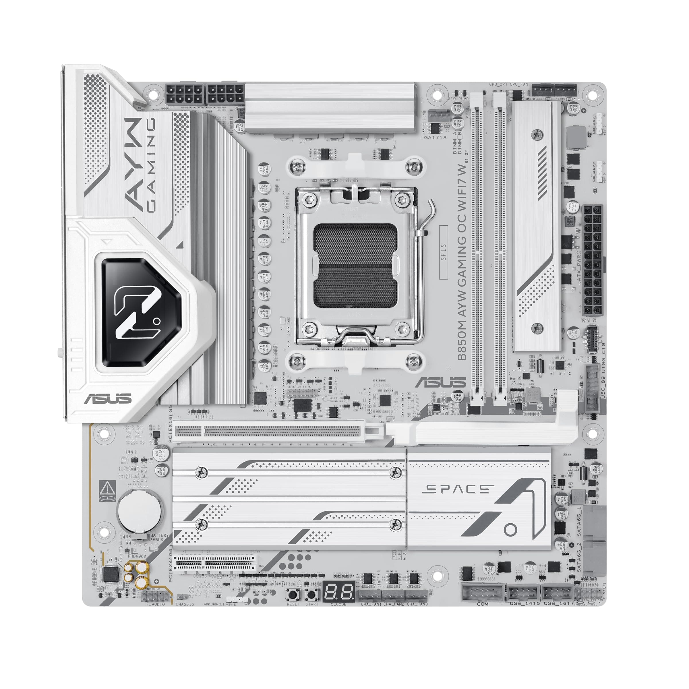 ASUS B850M AYW Gaming OC WIFI7 W, Motherboard AMD Micro-ATX, 12 + 2 + 1 Phasen, Stromversorgung, DDR5, PCIe 5.0, 3 M.2-Steckplätze, Wi-Fi 7, Ethernet Realtek 2,5 GB, USB-C mit 20 und 10 Gbit/s, BIOS Bild 2