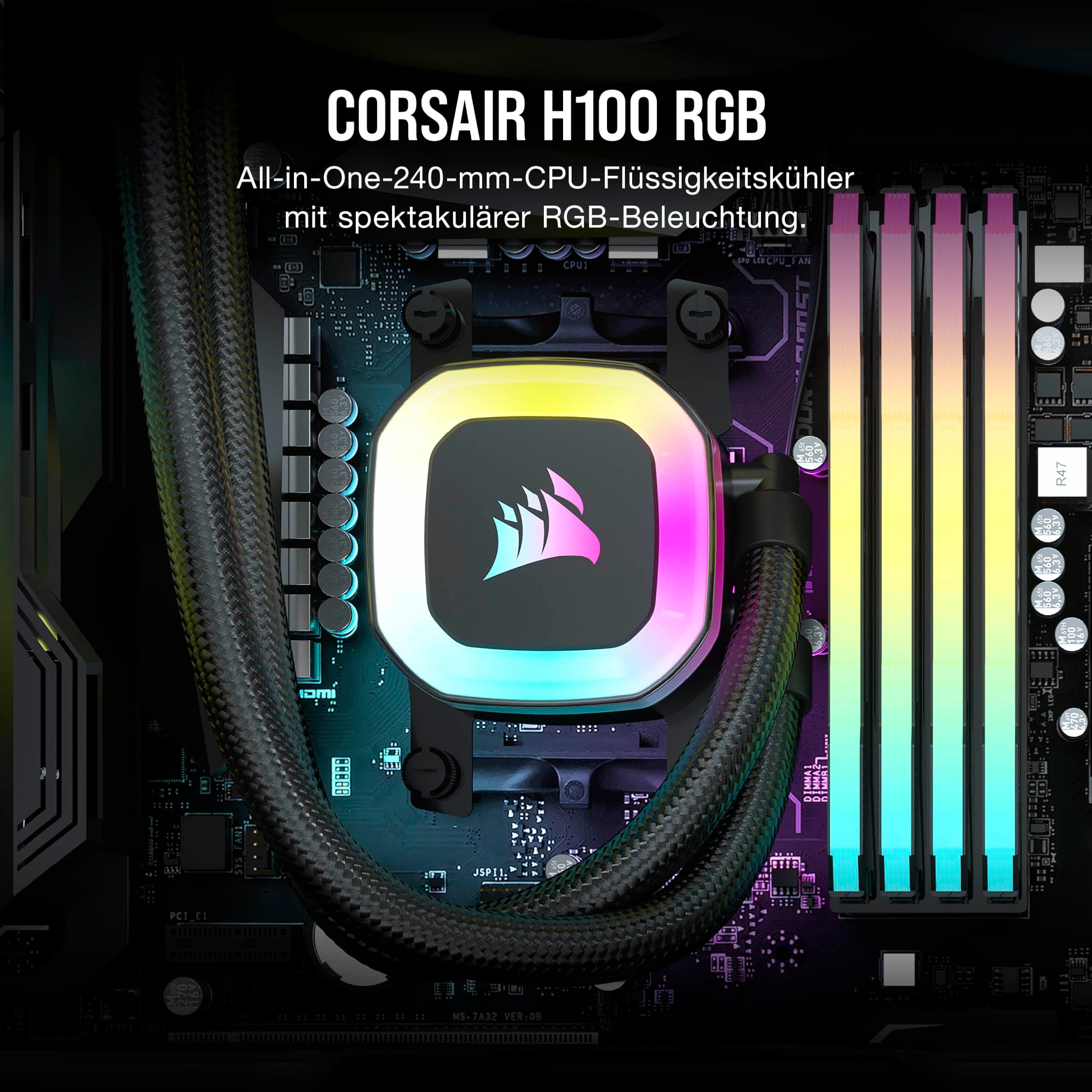 CORSAIR H100 RGB-Flüssig-CPU-Kühler - 240mm AIO - SP120 RGB ELITE Lüfter - Passend Für Intel LGA 1200/115X/2066, AMD AM4 - Motherboard ARGB Adapter Enthalten - Schwarz 240mm Kühler Bild 3