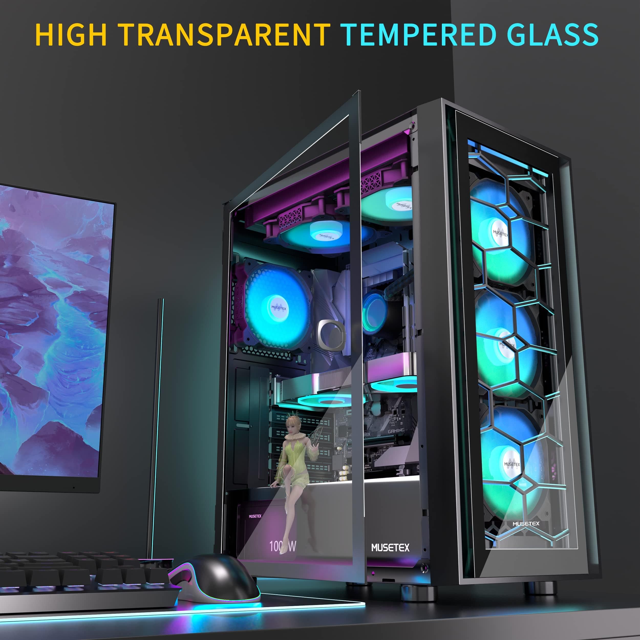 MUSETEX PC Gehäuse ATX, 6 PWM ARGB Lüfter vorinstalliert ATX Gehäuse, Computergehäuse mit zu öffnender Hartglastür, Mid Tower Gaming PC Gehäuse, USB 3.0 x 2, Schwarz, G07 Bild 7