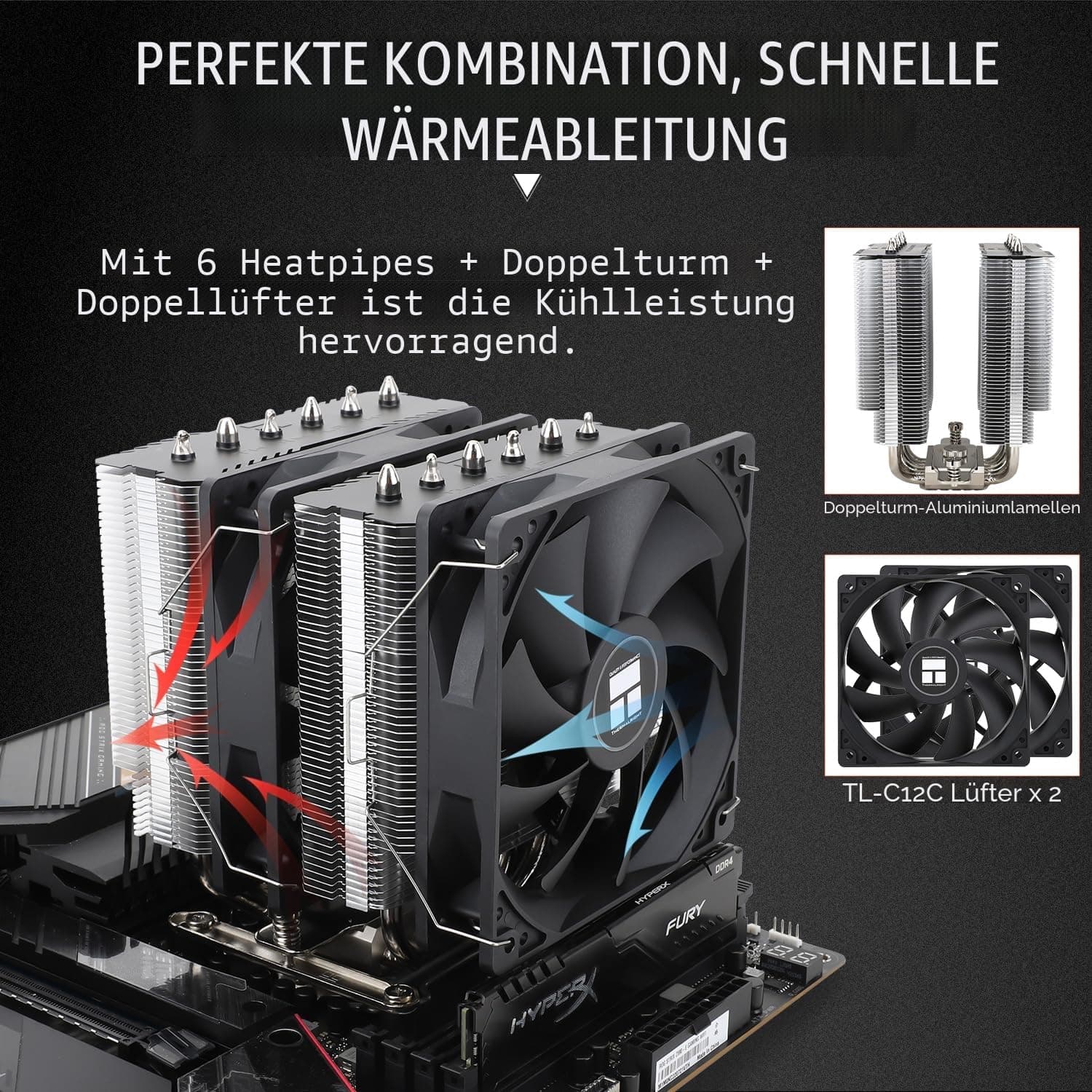 TR Peerless Assassin 120 SE CPU-Luftkühler, PA120 SE, 6 Heatpipes CPU-Kühler, Dual 120mm TL-C12C PWM Lüfter, AGHP-Technologie, für AMD AM4/Intel 1700/1150/1151/1200 Bild 8