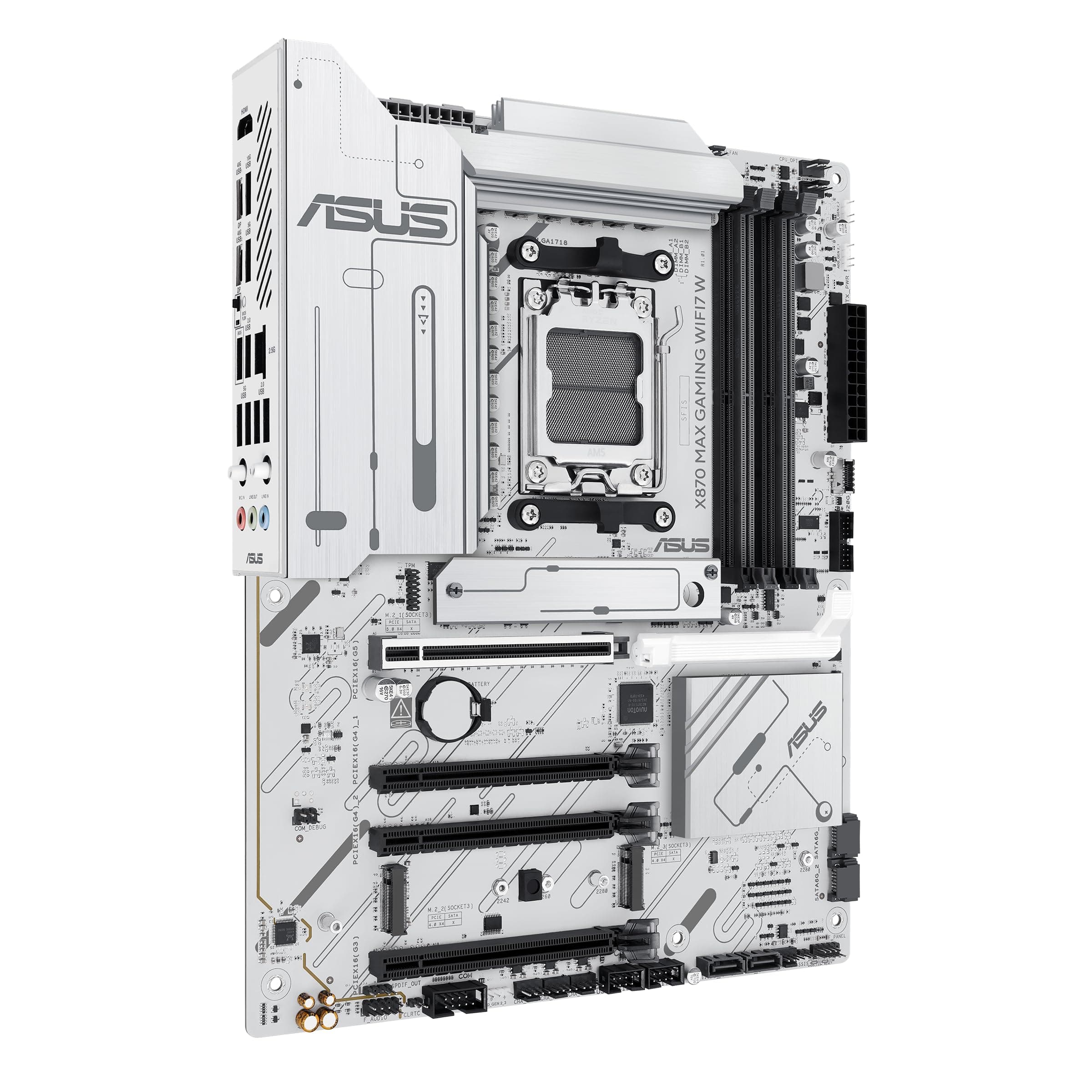 ASUS X870 MAX Gaming WIFI7W AMD AM5 ATX Motherboard, 8-lagige weiße PCB, 12+2+1 80A DrMOS, DDR5, PCIe 5.0 x16 Q-Release, 3X M.2, Wi-Fi 7 Q-Antenne, USB4® Type-C®, 2,5 GB LAN, BIOS Flashback™, Aura Bild 5