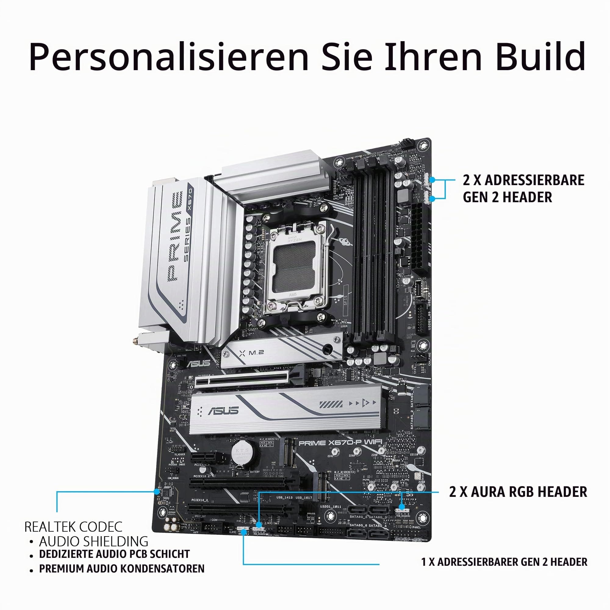 ASUS Prime X670-P WiFi Gaming Mainboard Sockel AMD AM5 (Ryzen 7000, ATX, PCIe 5.0, 3X M.2, DDR5-Speicher, WiFi6, USB 3.2 Gen 2x2 Typ-C, Aura Sync RGB-Beleuchtung) Bild 7