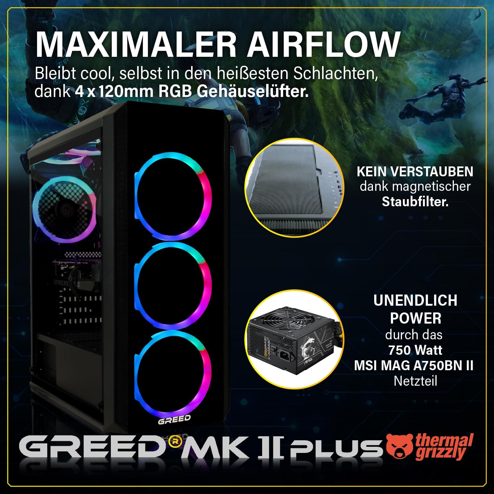 Greed® MK2 Plus - High End Gaming PC – Intel Core i7-12700F + RX 9060 XT 16GB - Schneller RGB Computer + 4K Raytracing Rechner mit 4,9 GHZ - 32GB DDR4 RAM - 1TB SSD + 750W Netzteil - WLAN + W11 Pro MK2 PLUS | 9060 XT INTEL 32GB Bild 4