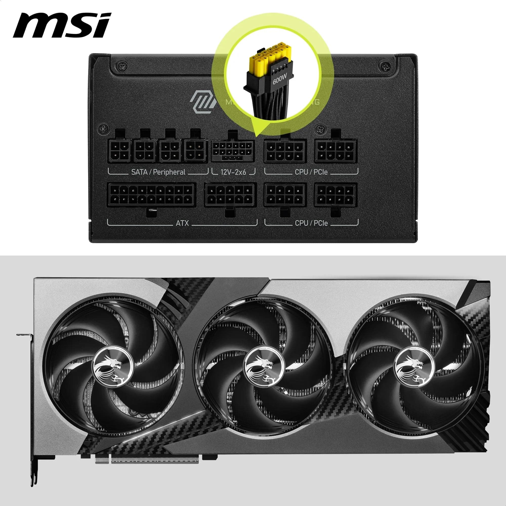 MSI MAG A1000GLS PCIE5 Netzteil, 1000 W, 80 Plus Gold, ATX 3.1, PCIe 5.1 GPU-Unterstützung, Native 12V-2x6, zweifarbiger 12V-2x6-Stecker, ATX-Netzteil, geprägte Mantelkabel Bild 7